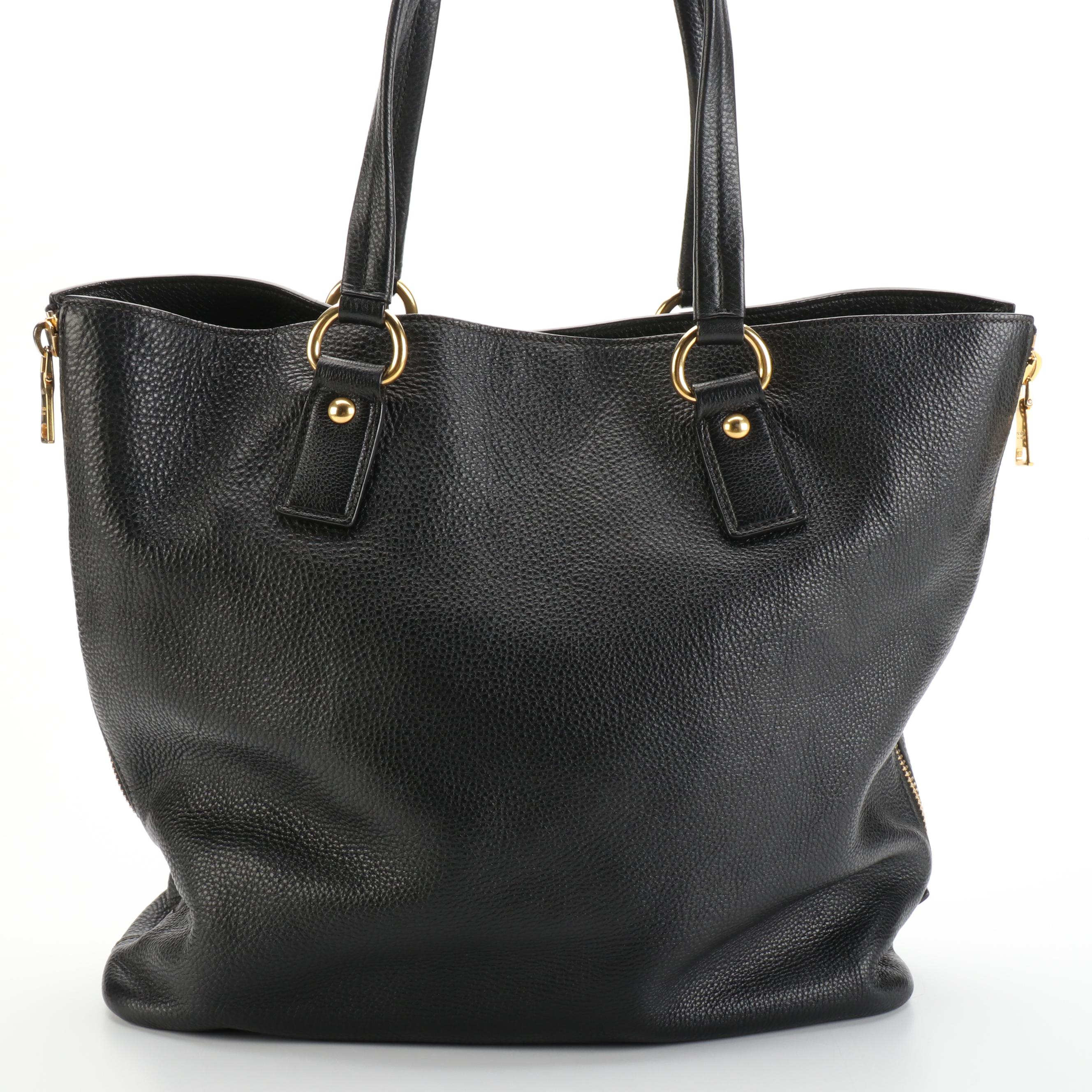 Prada Zip-Side Large Shoulder Tote Bag in Black Vitello Daino Leather