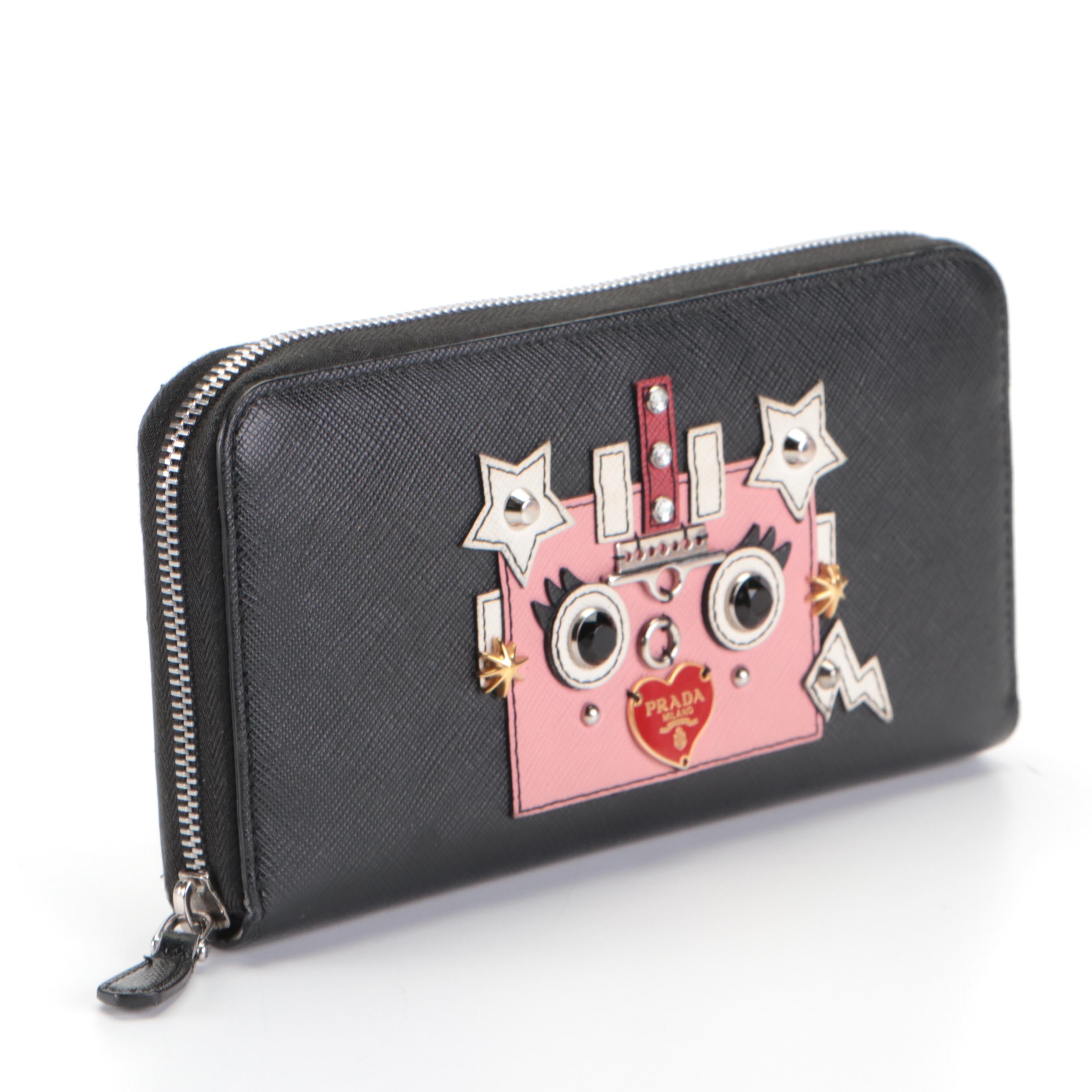 Prada Long Zip-Around Robot Wallet in Black Saffiano Leather with Box