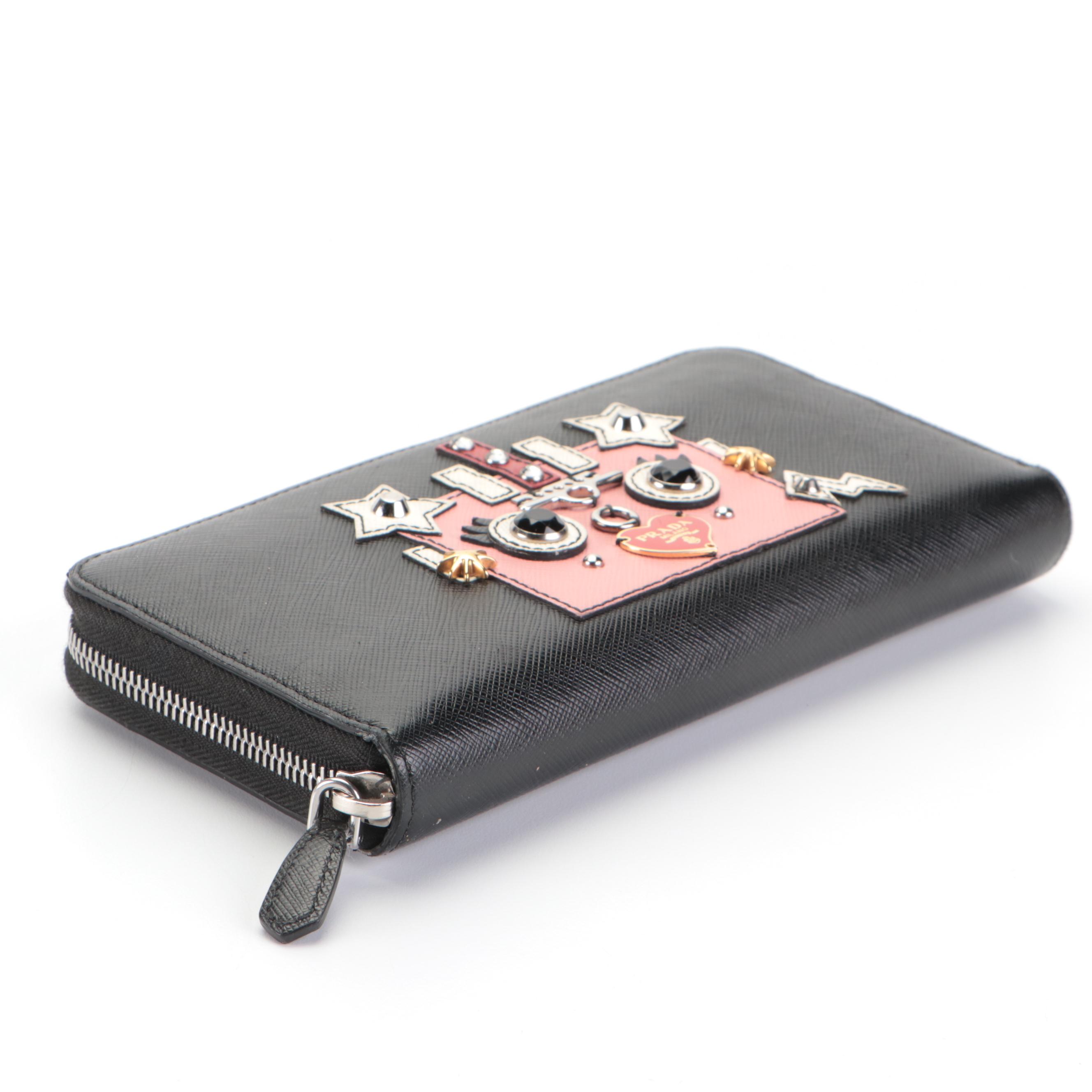Prada Long Zip-Around Robot Wallet in Black Saffiano Leather with Box