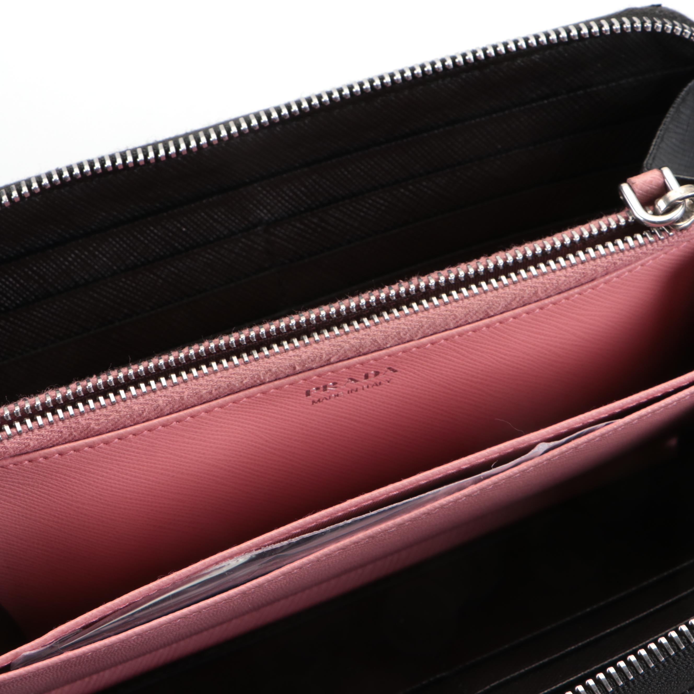 Prada Long Zip-Around Robot Wallet in Black Saffiano Leather with Box