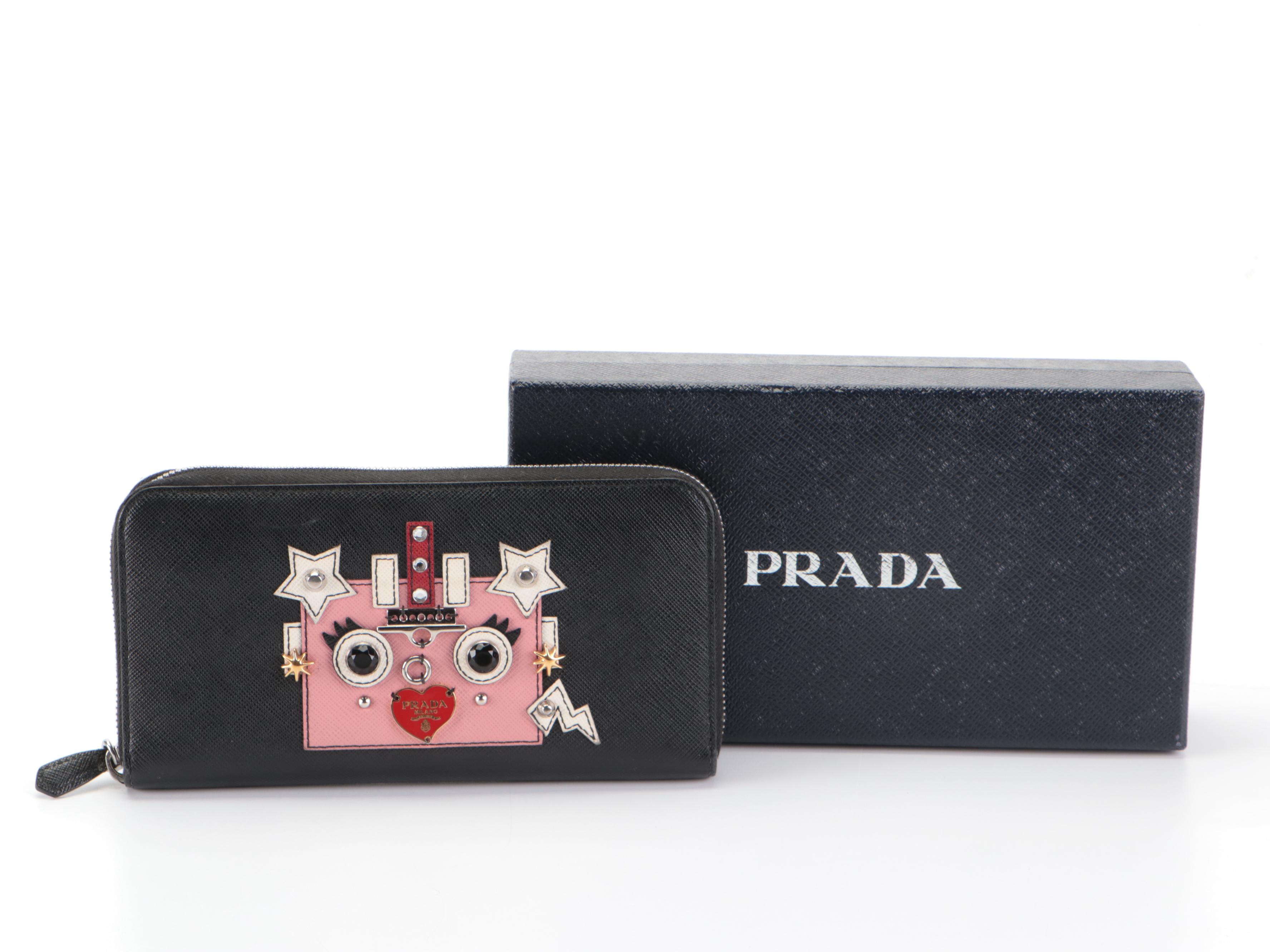 Prada Long Zip-Around Robot Wallet in Black Saffiano Leather with Box