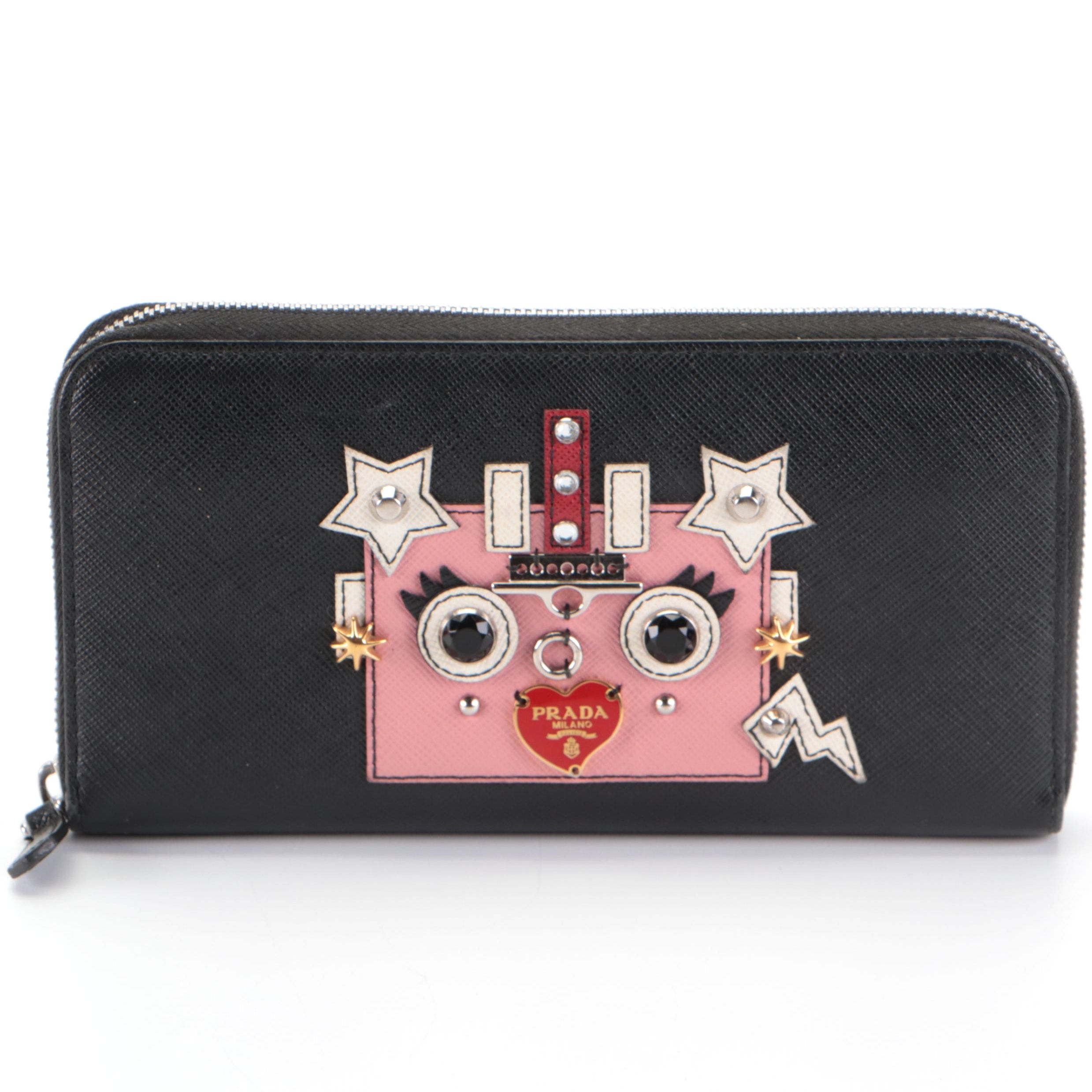 Prada Long Zip-Around Robot Wallet in Black Saffiano Leather with Box