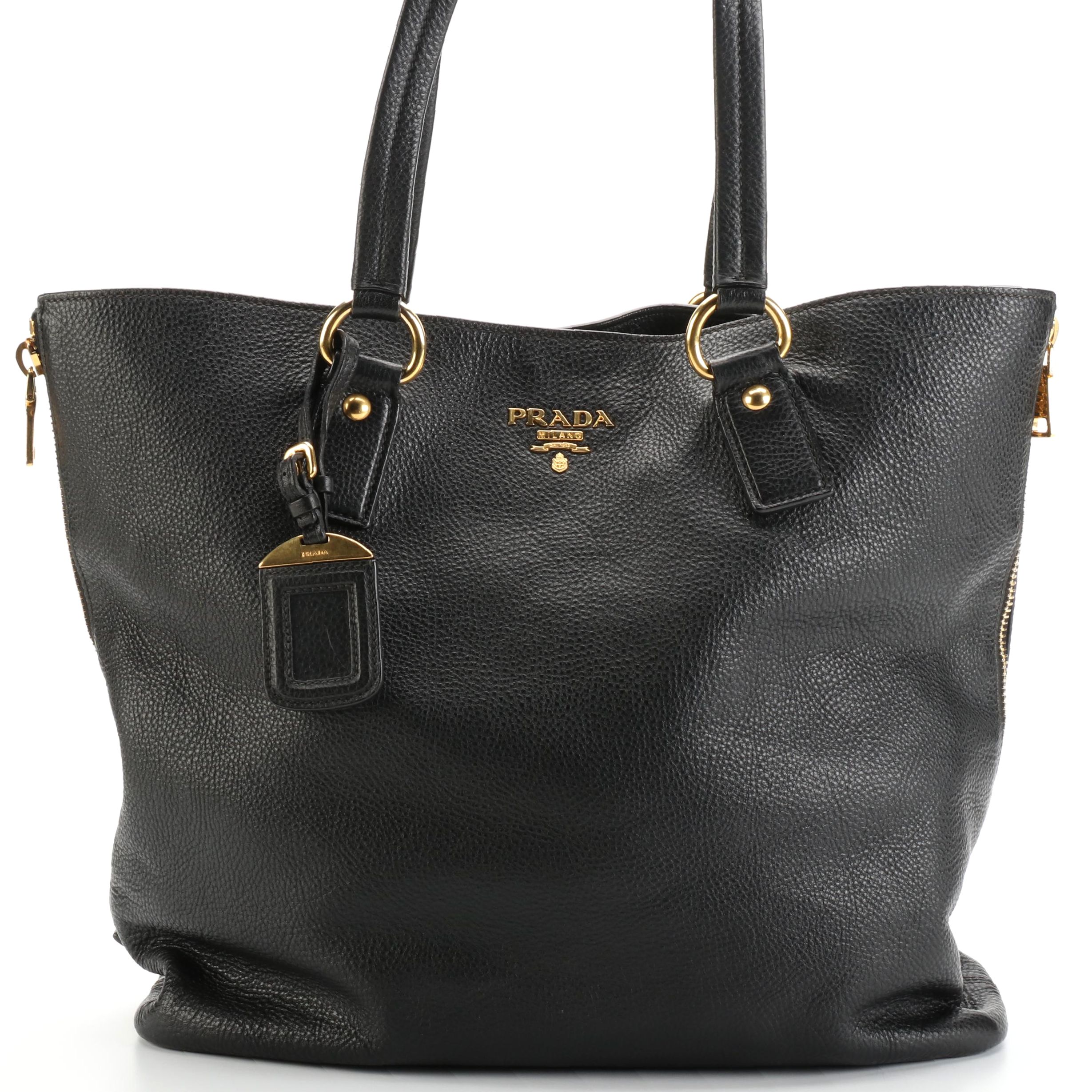 Prada Zip-Side Large Shoulder Tote Bag in Black Vitello Daino Leather