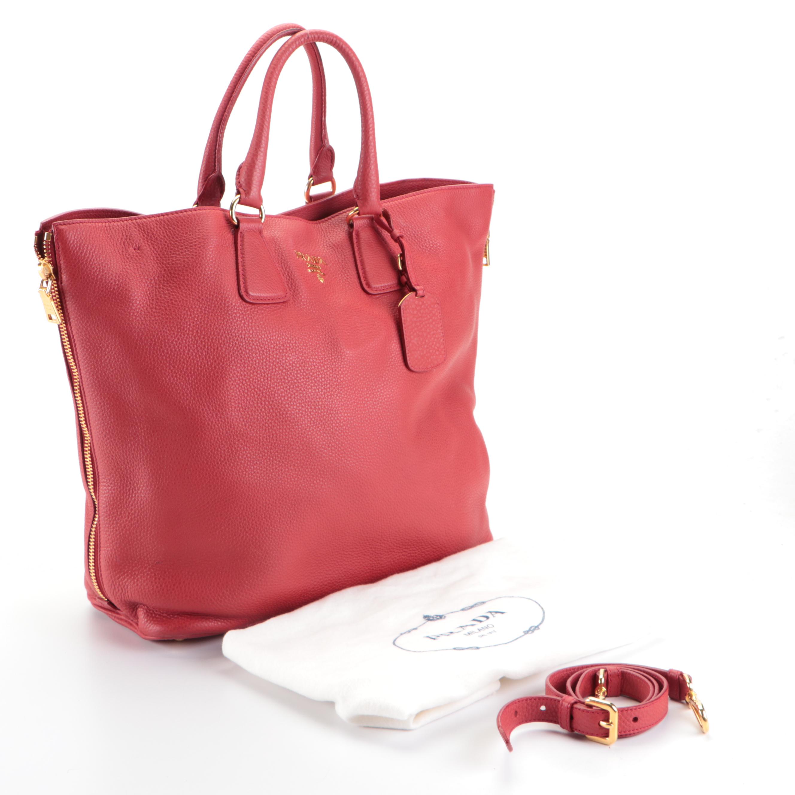Prada Side-Zip Large Shopper Tote in Red Deerskin Leather with Detachable Strap