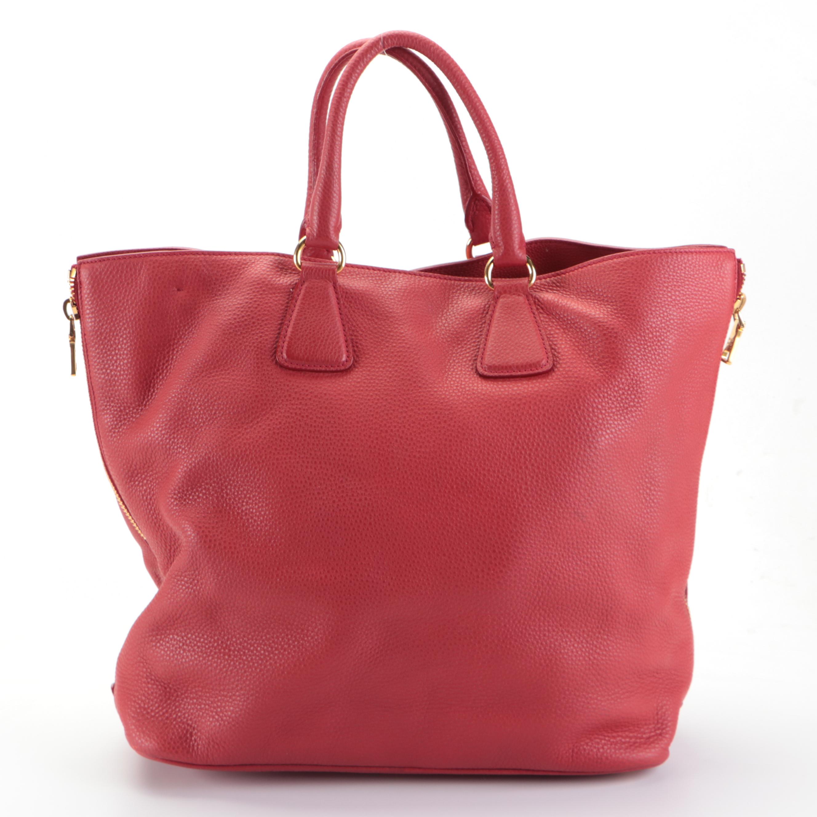Prada Side-Zip Large Shopper Tote in Red Deerskin Leather with Detachable Strap