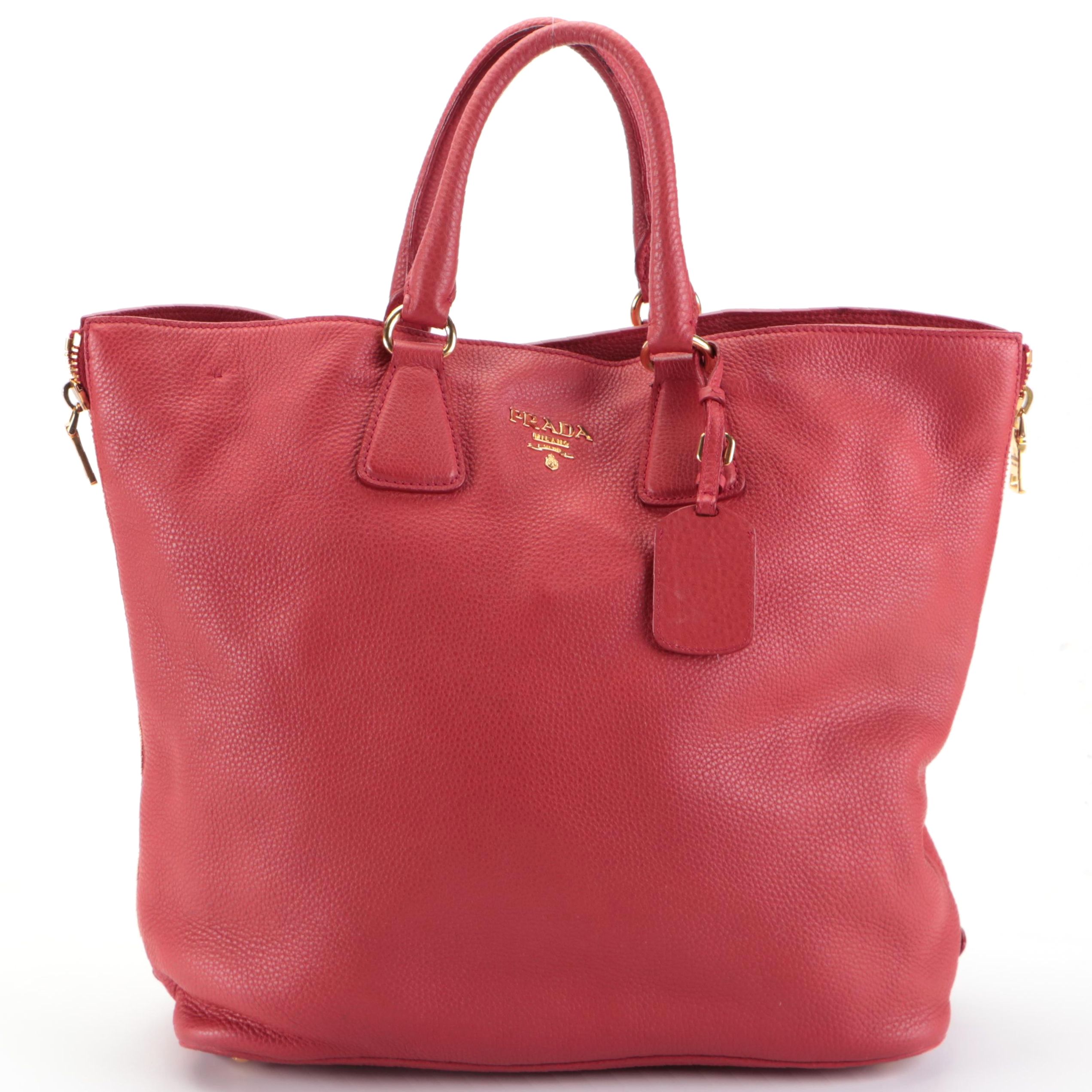 Prada Side-Zip Large Shopper Tote in Red Deerskin Leather with Detachable Strap