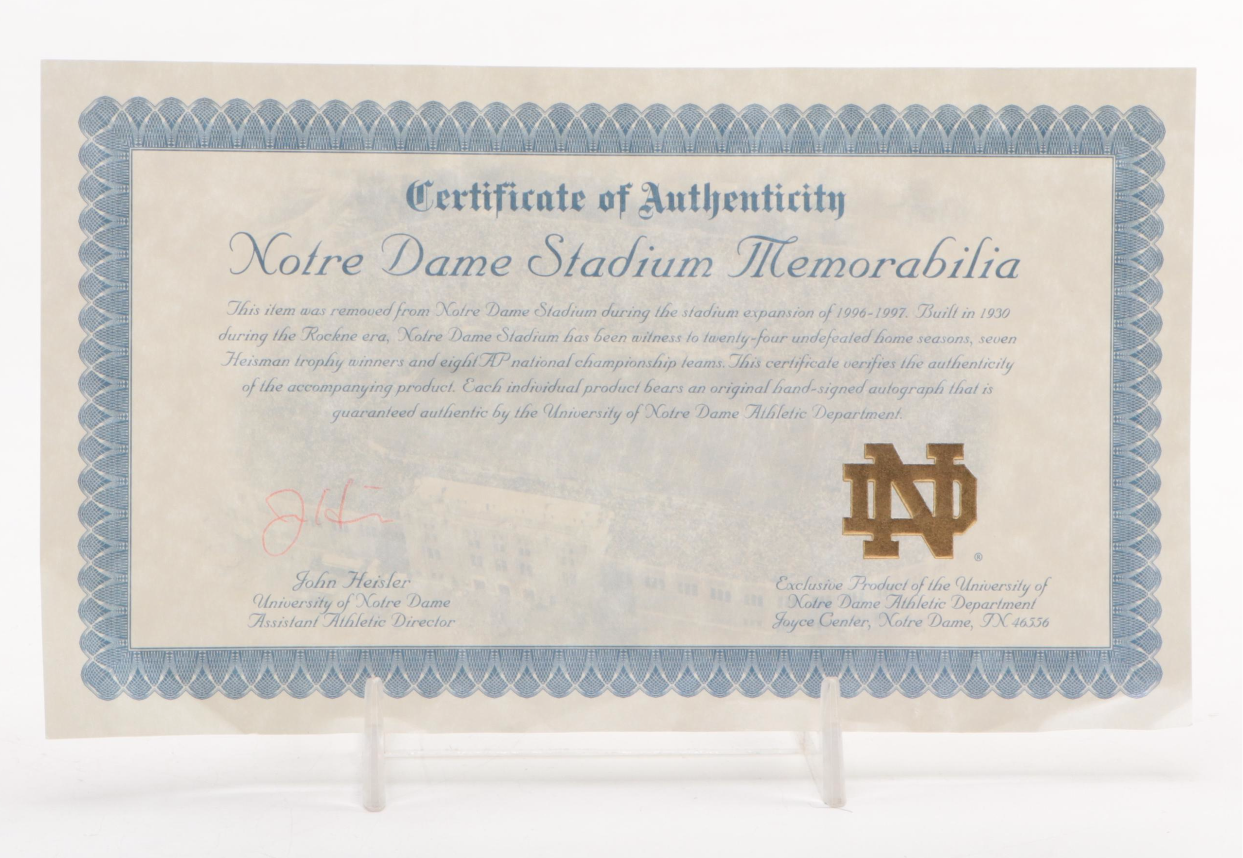 Jerome Bettis Signed Salvaged University of Notre Dame Stadium Brick, COA
