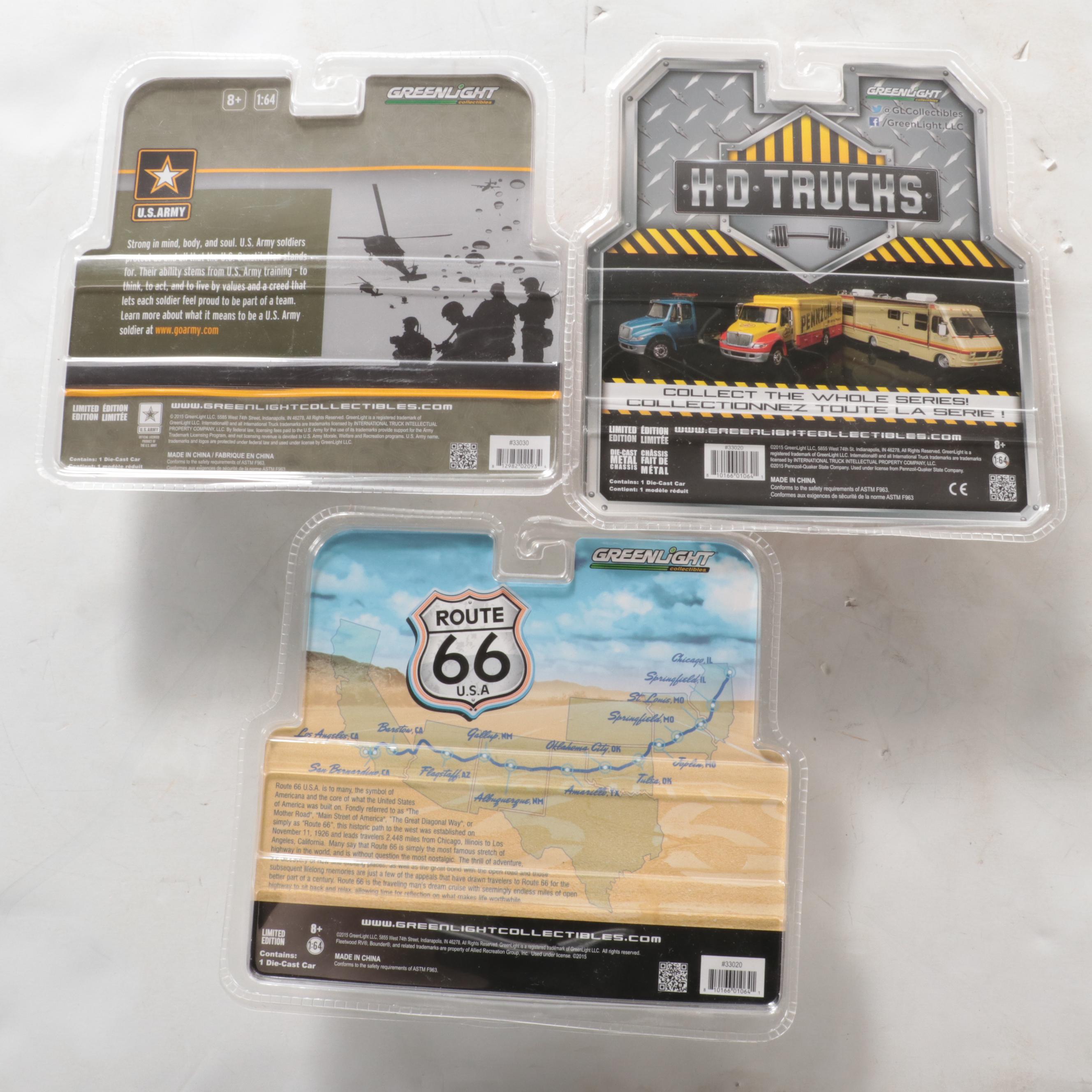 Greenlight Diecast Route 66 RVs, Pennzoil Trucks and U.S. Army Box Van