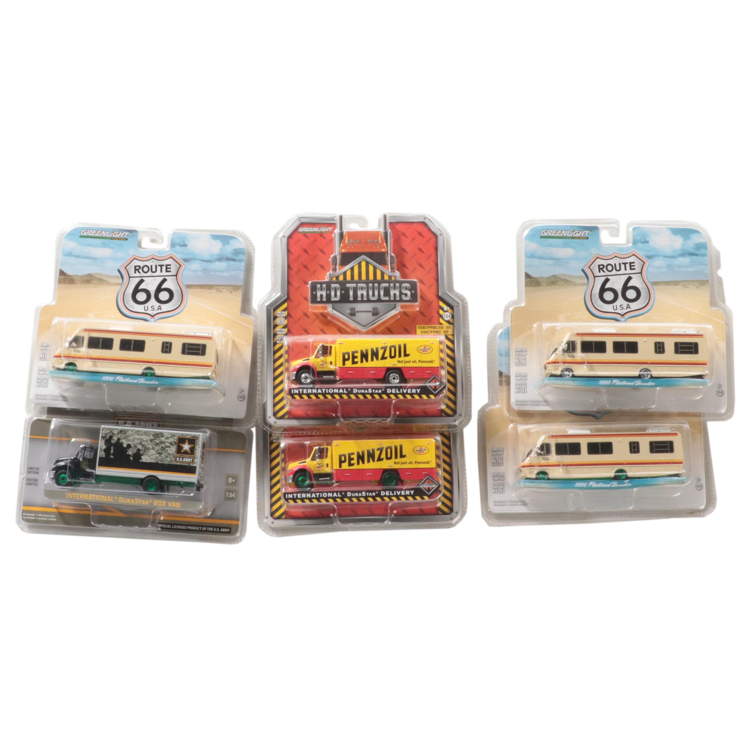 Greenlight Diecast Route 66 RVs, Pennzoil Trucks and U.S. Army Box Van