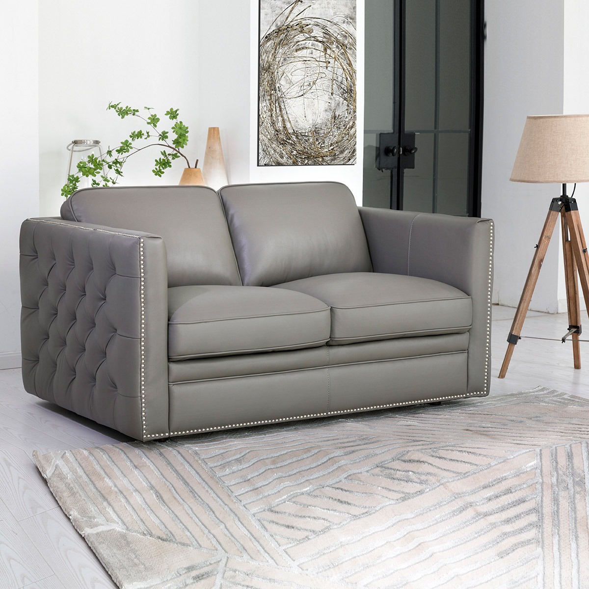 Simon Li "Jameston" Leather Loveseat in Gray