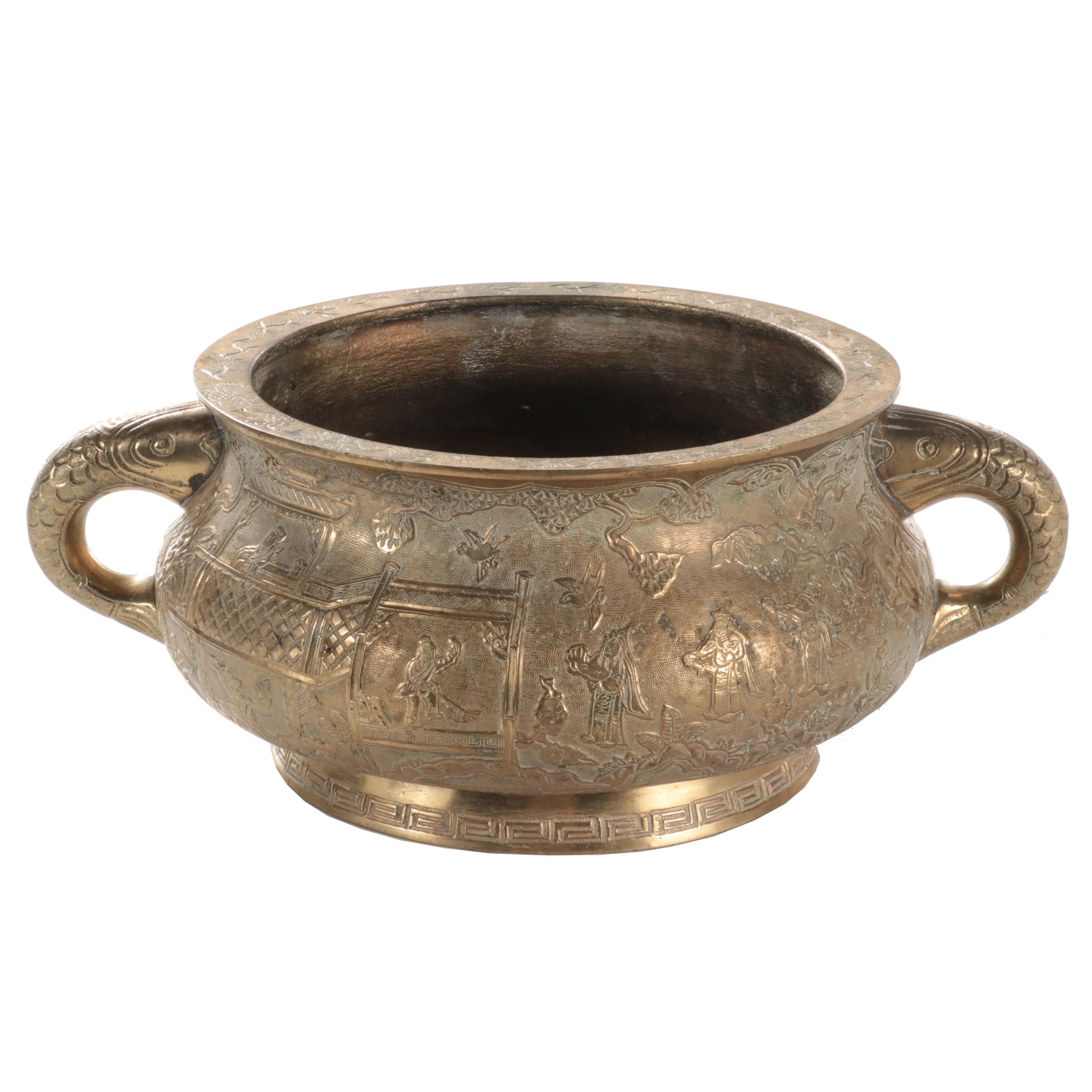 Chinese Style Hammered Brass Planter, 20th Century