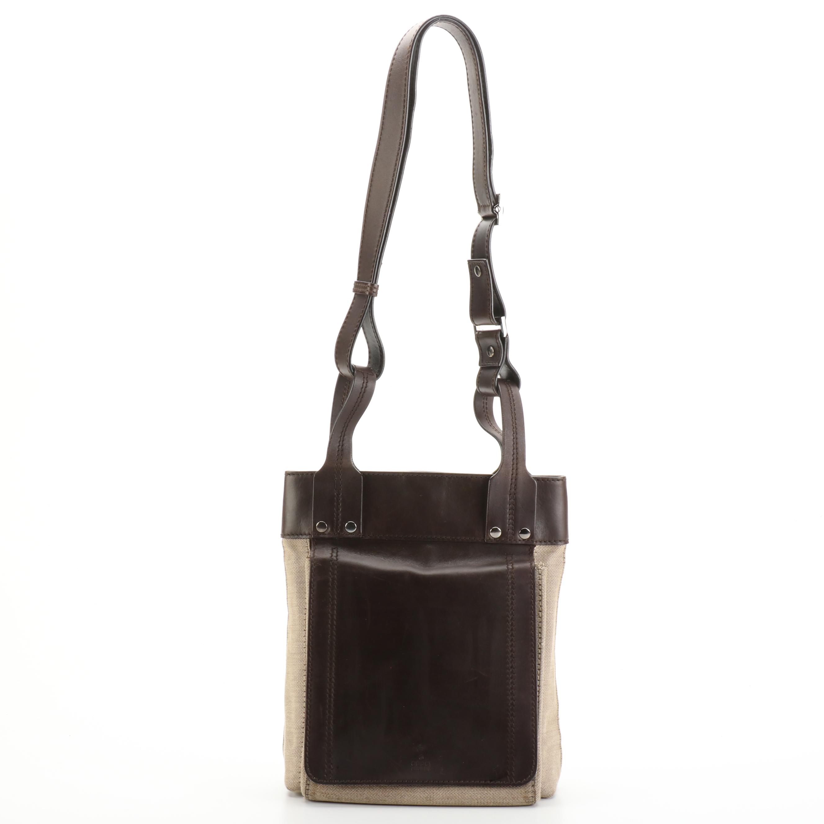 Gucci Shoulder Bag in Tan Canvas and Dark Brown Leather