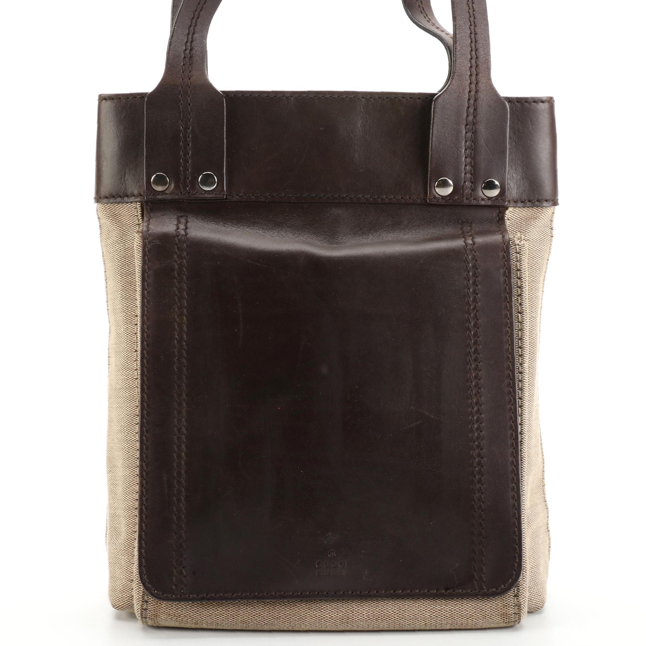 Gucci Shoulder Bag in Tan Canvas and Dark Brown Leather