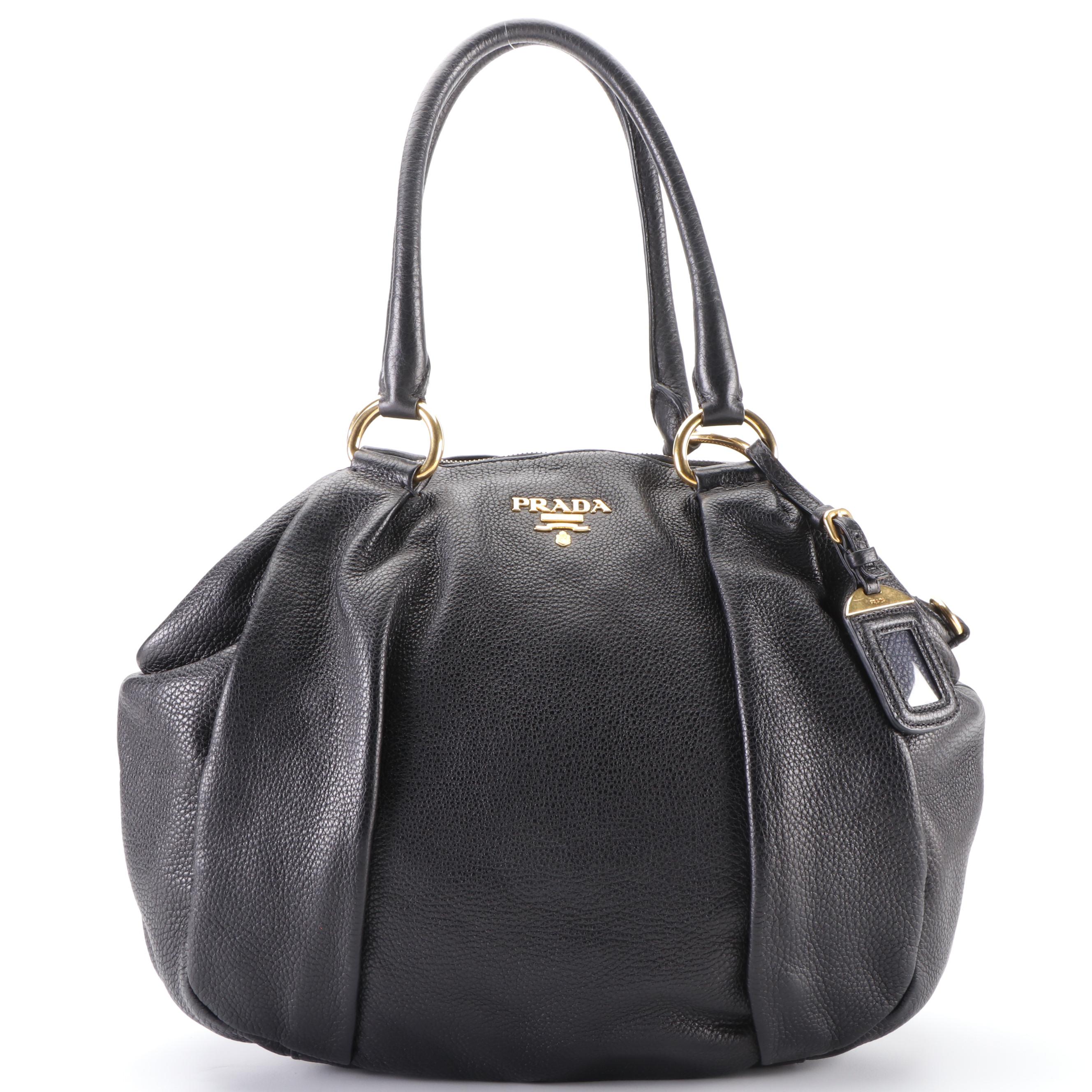 Prada Pleated Tote Bag in Black Vitello Daino Leather