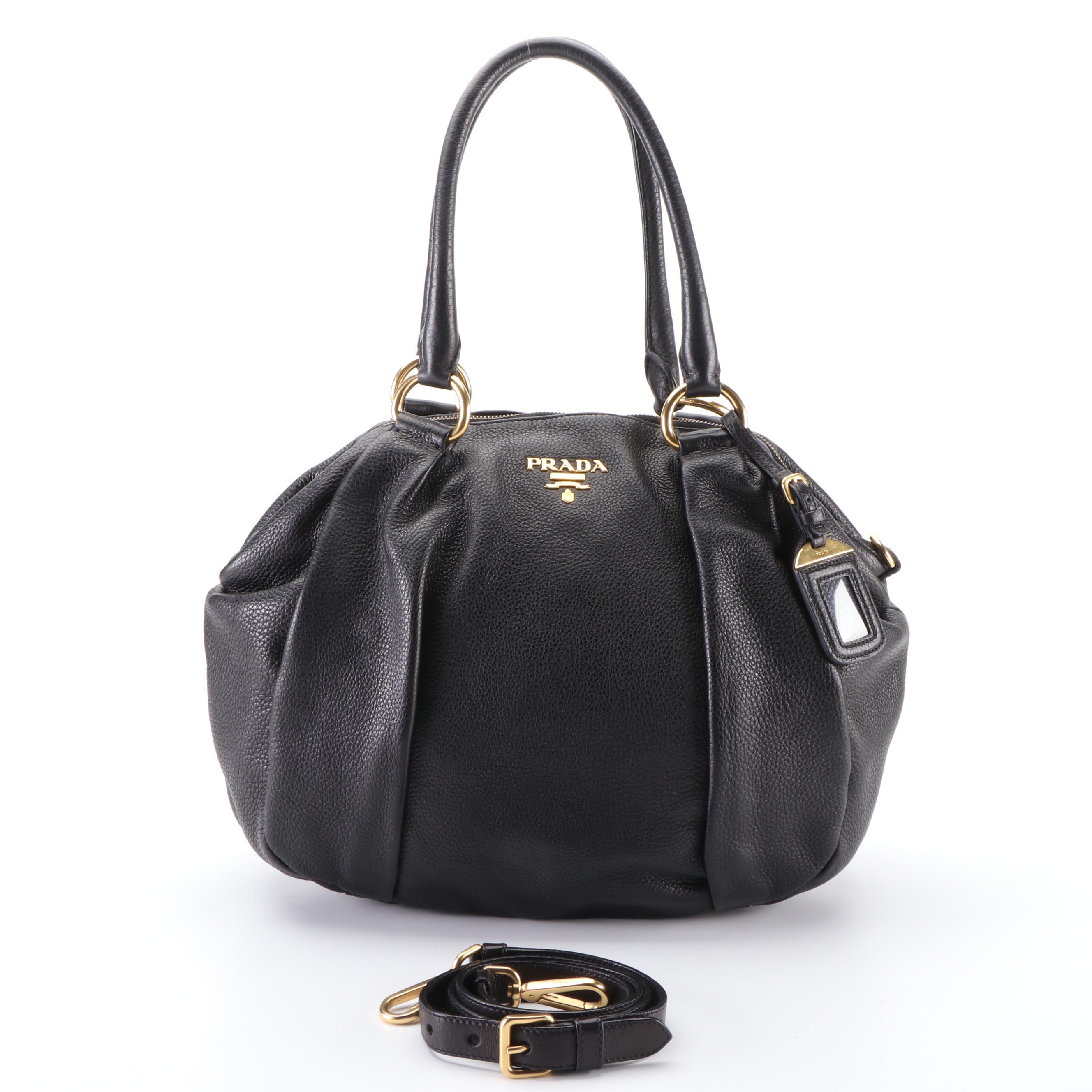 Prada Pleated Tote Bag in Black Vitello Daino Leather