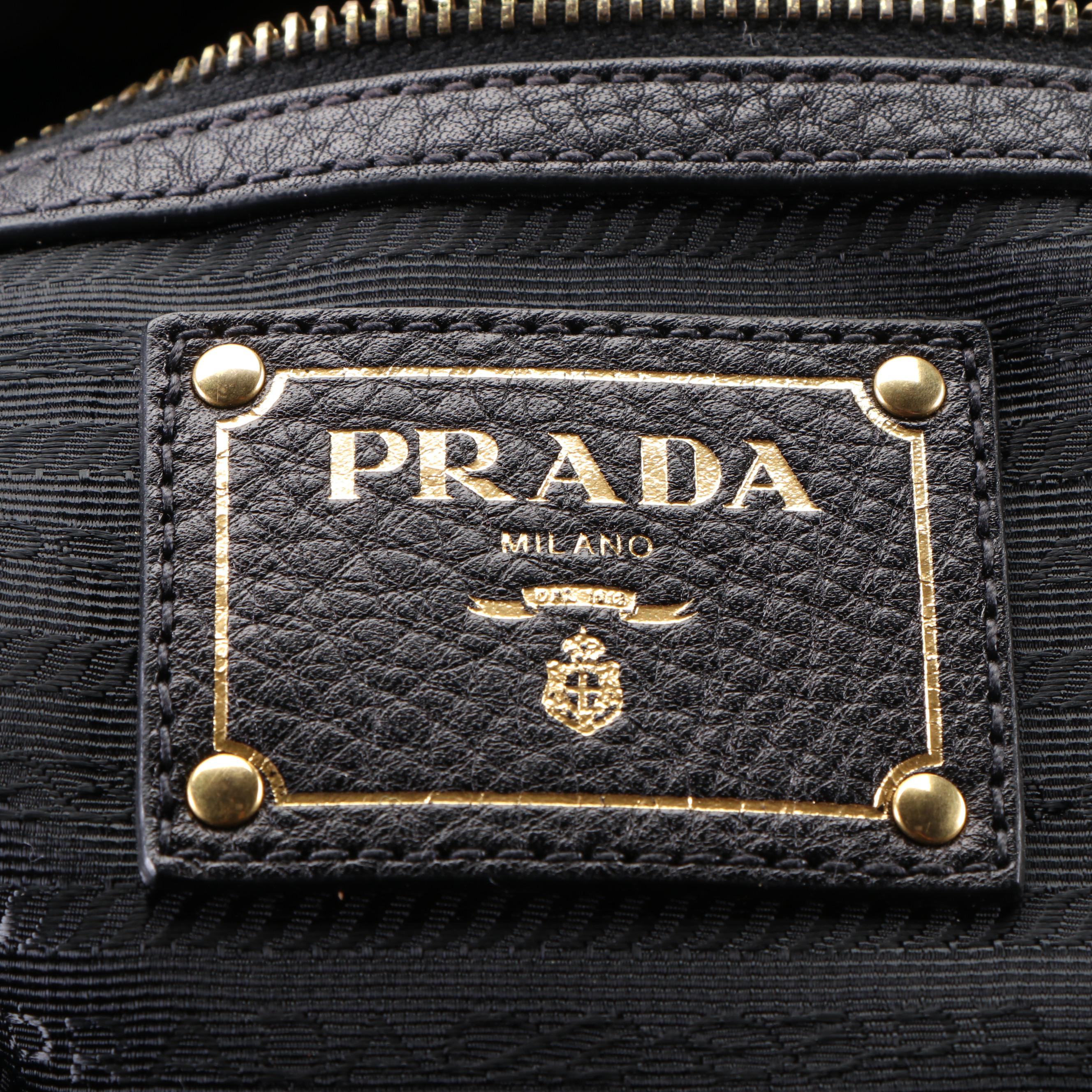 Prada Pleated Tote Bag in Black Vitello Daino Leather