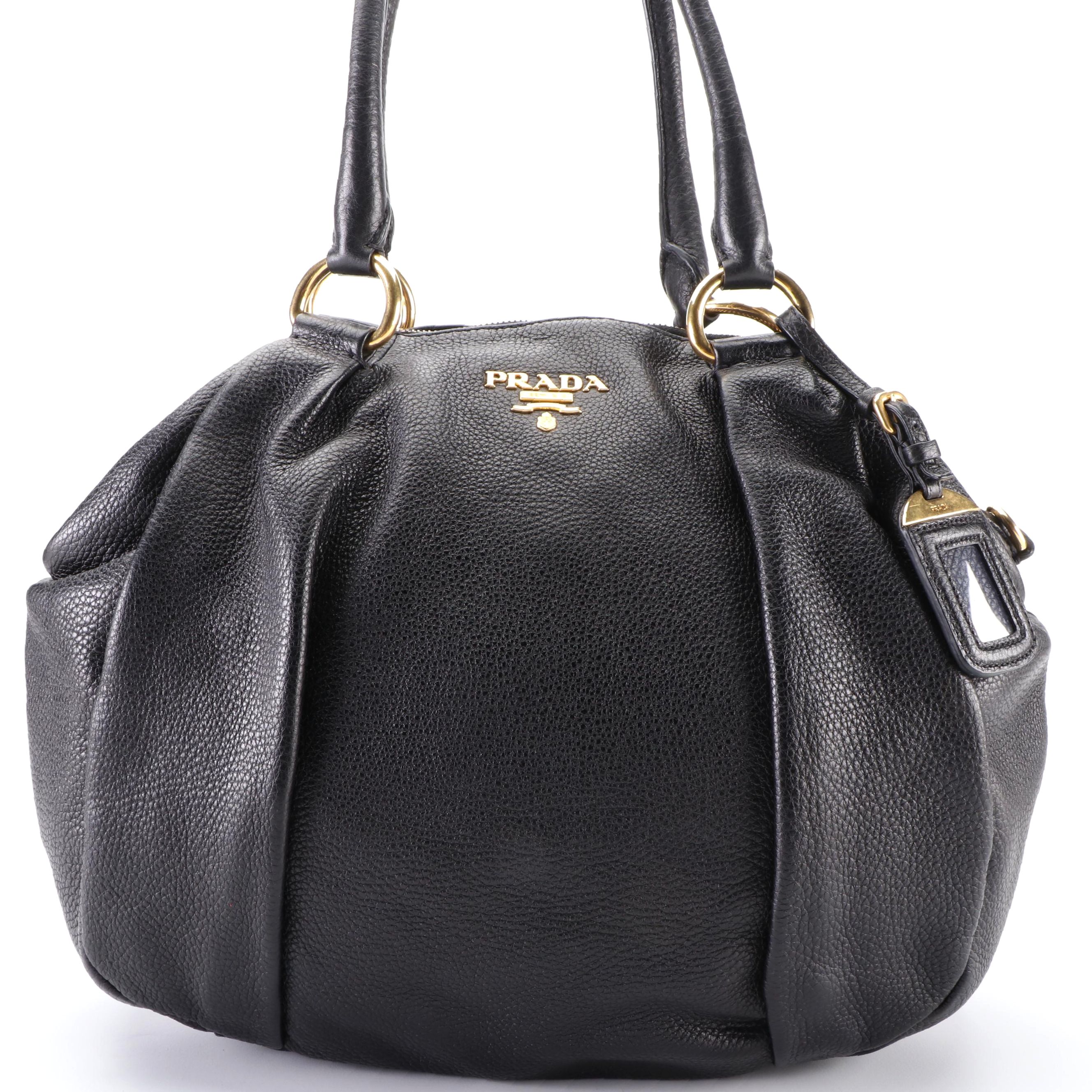 Prada Pleated Tote Bag in Black Vitello Daino Leather