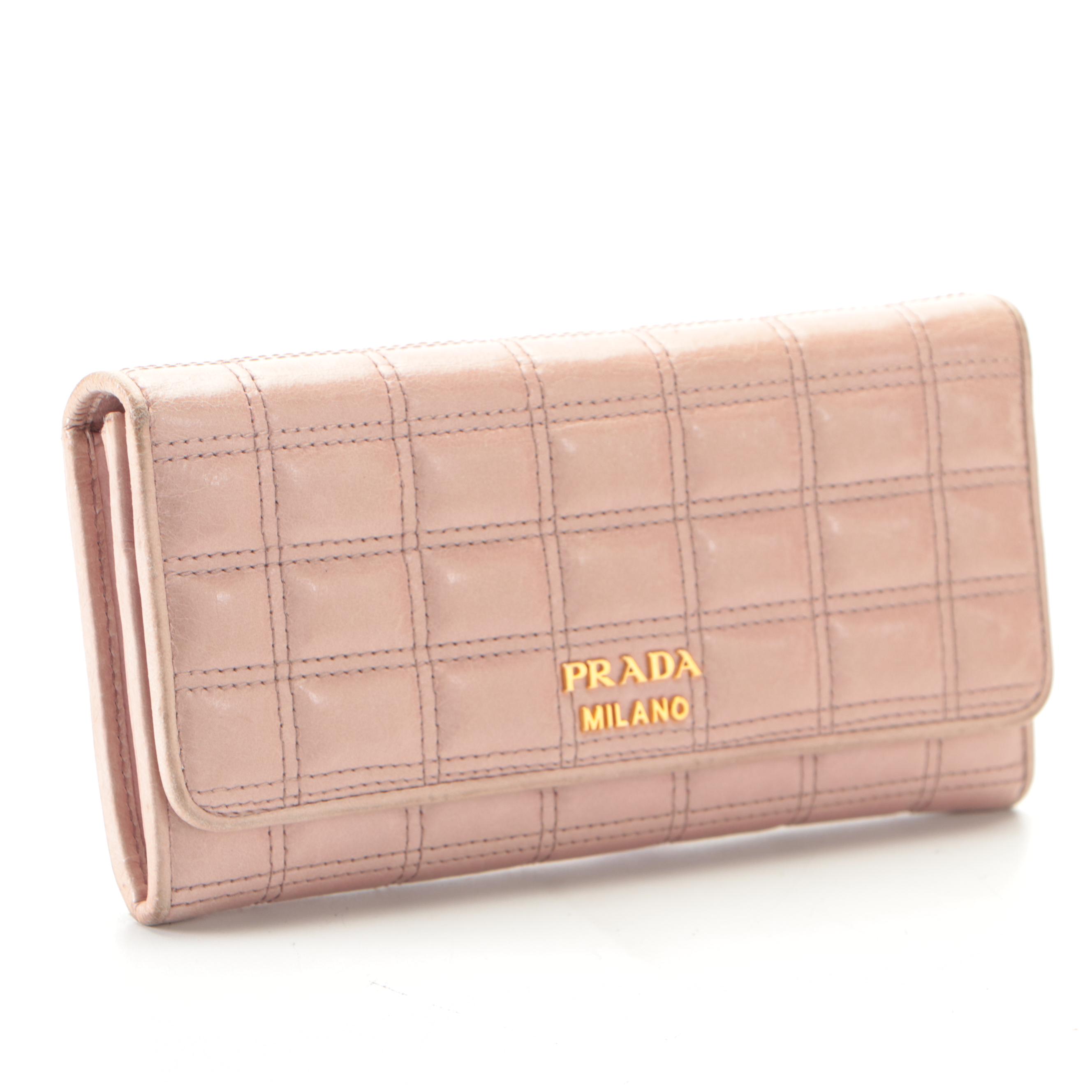 Prada Long Wallet in Light Blush Matelassé Calfskin Leather with Box