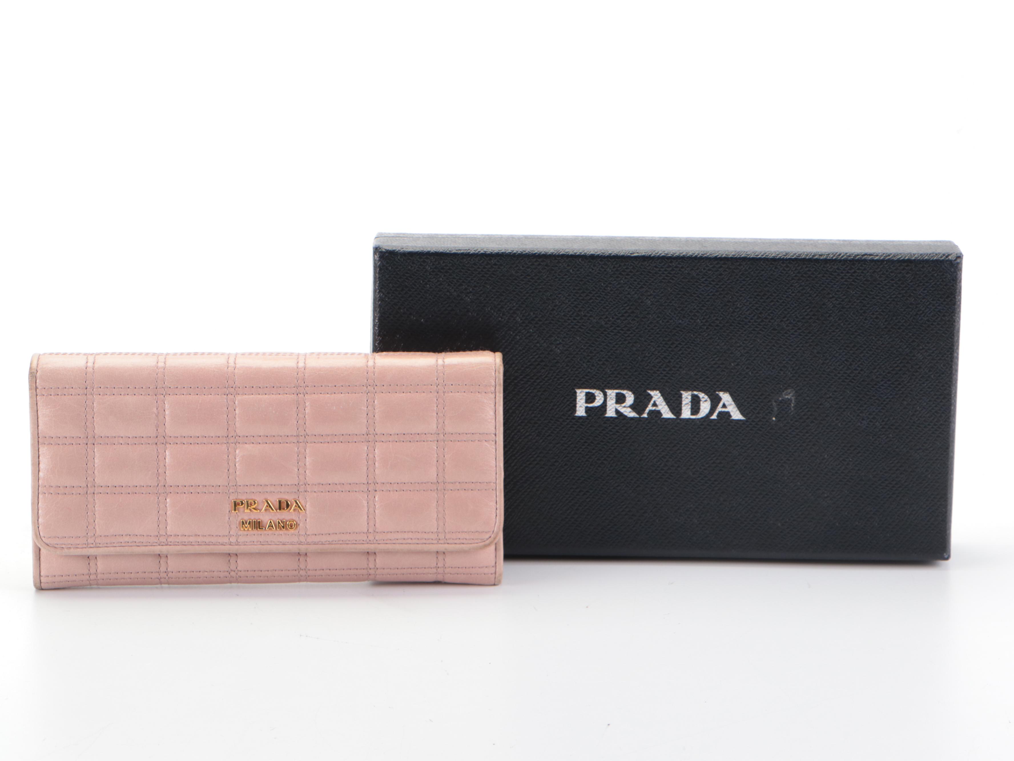 Prada Long Wallet in Light Blush Matelassé Calfskin Leather with Box