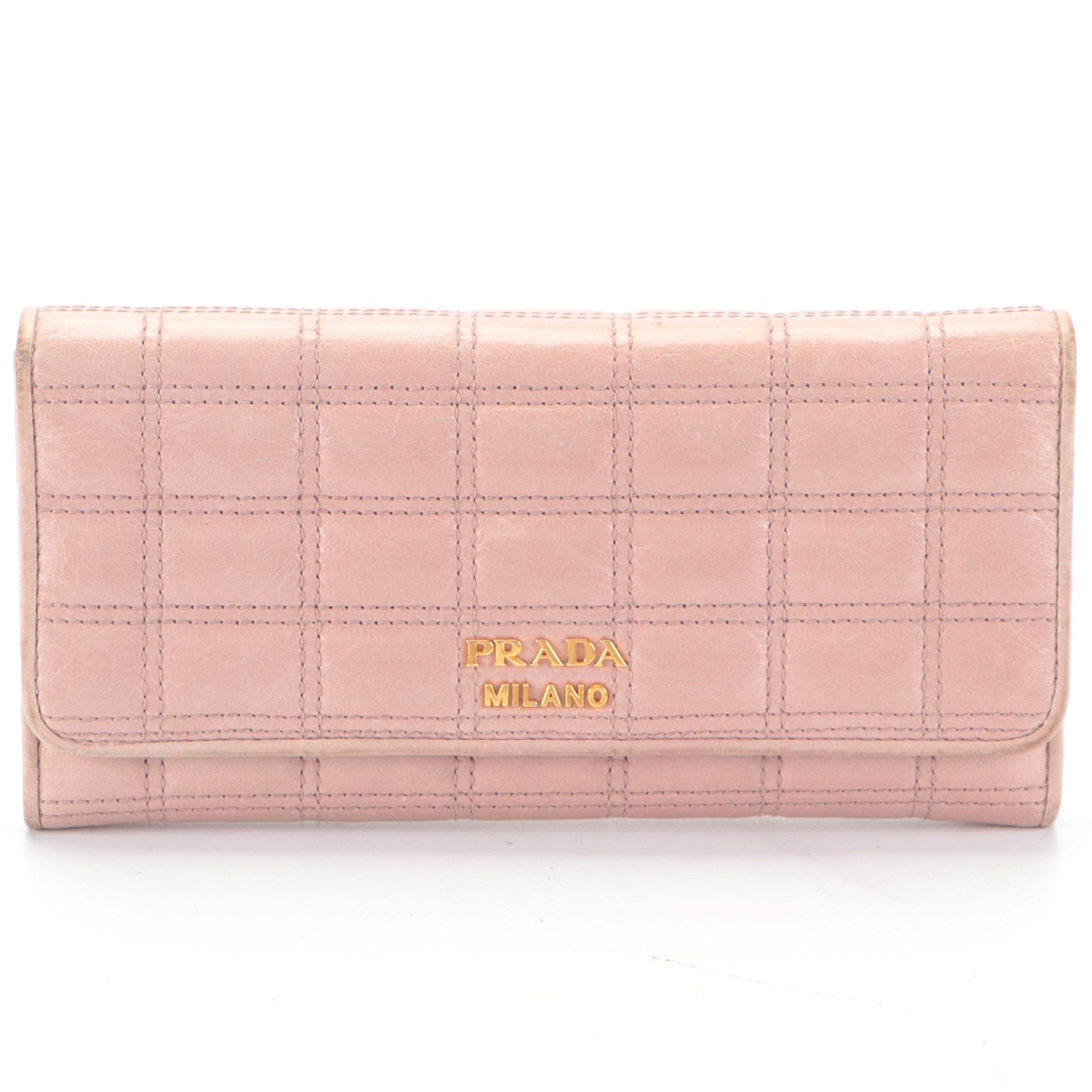Prada Long Wallet in Light Blush Matelassé Calfskin Leather with Box
