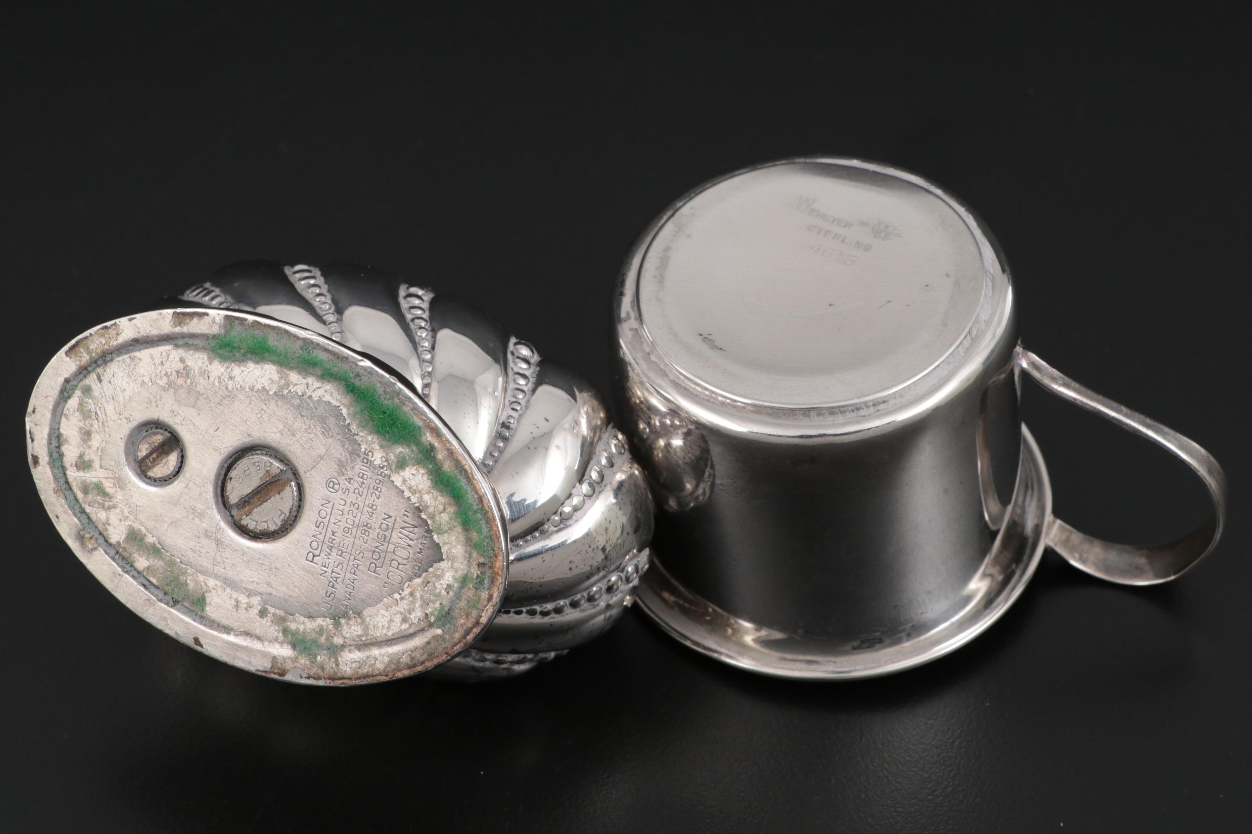 Baldwin & Miller Bowl and Other Sterling Table Accessories with Ronson Lighter