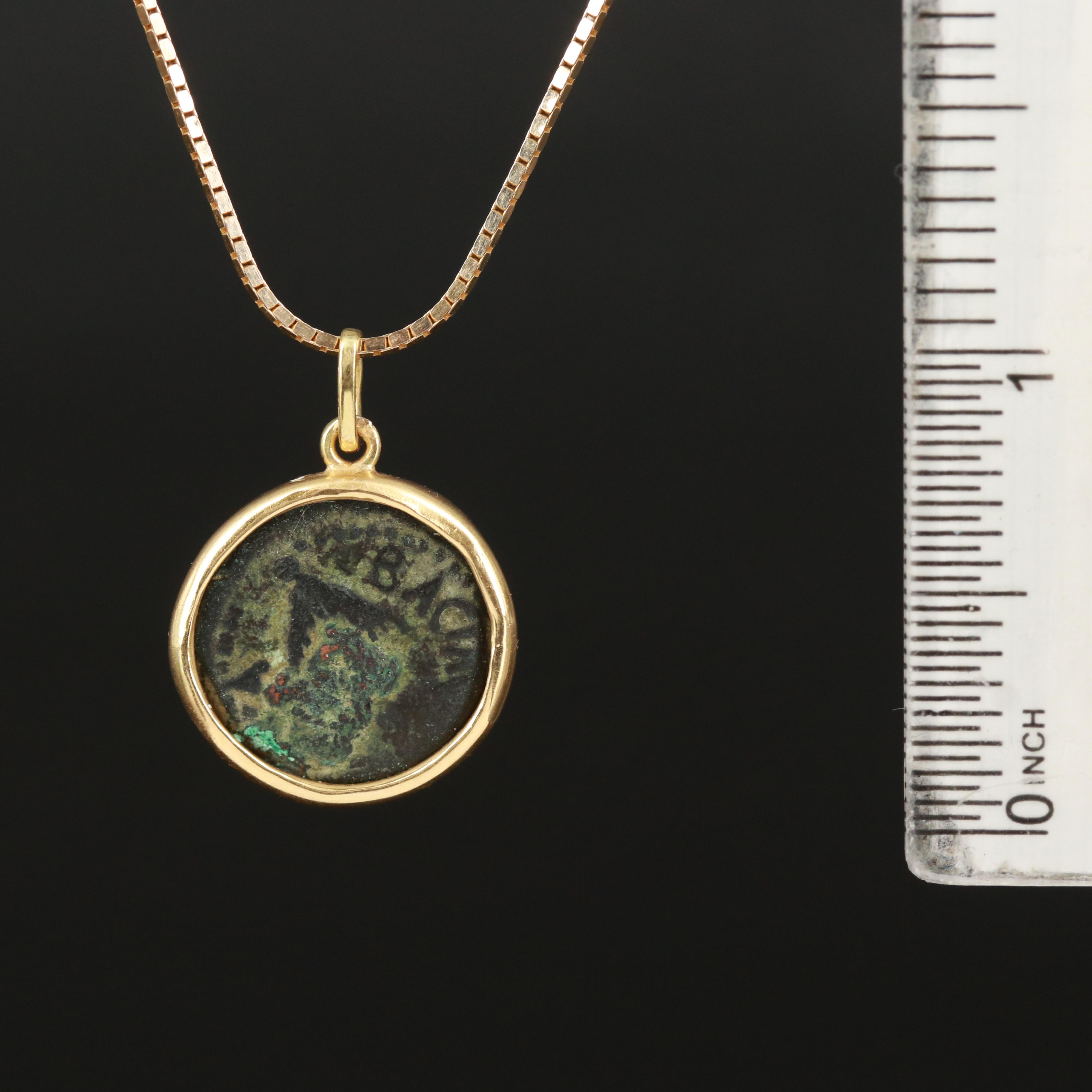 Judea Herod Agrippa Prutah in 18K Pendant on 10K Box Chain Necklace