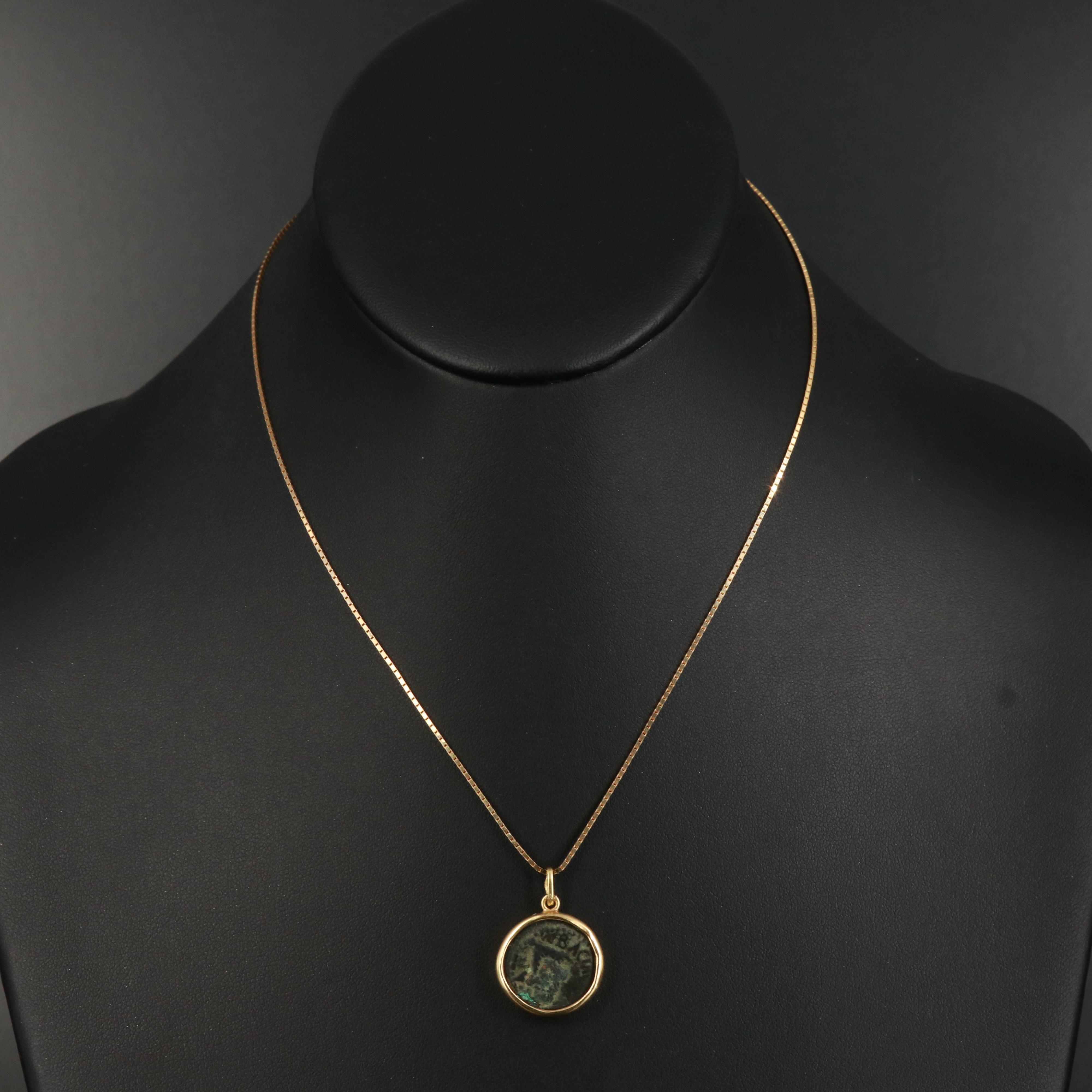 Judea Herod Agrippa Prutah in 18K Pendant on 10K Box Chain Necklace