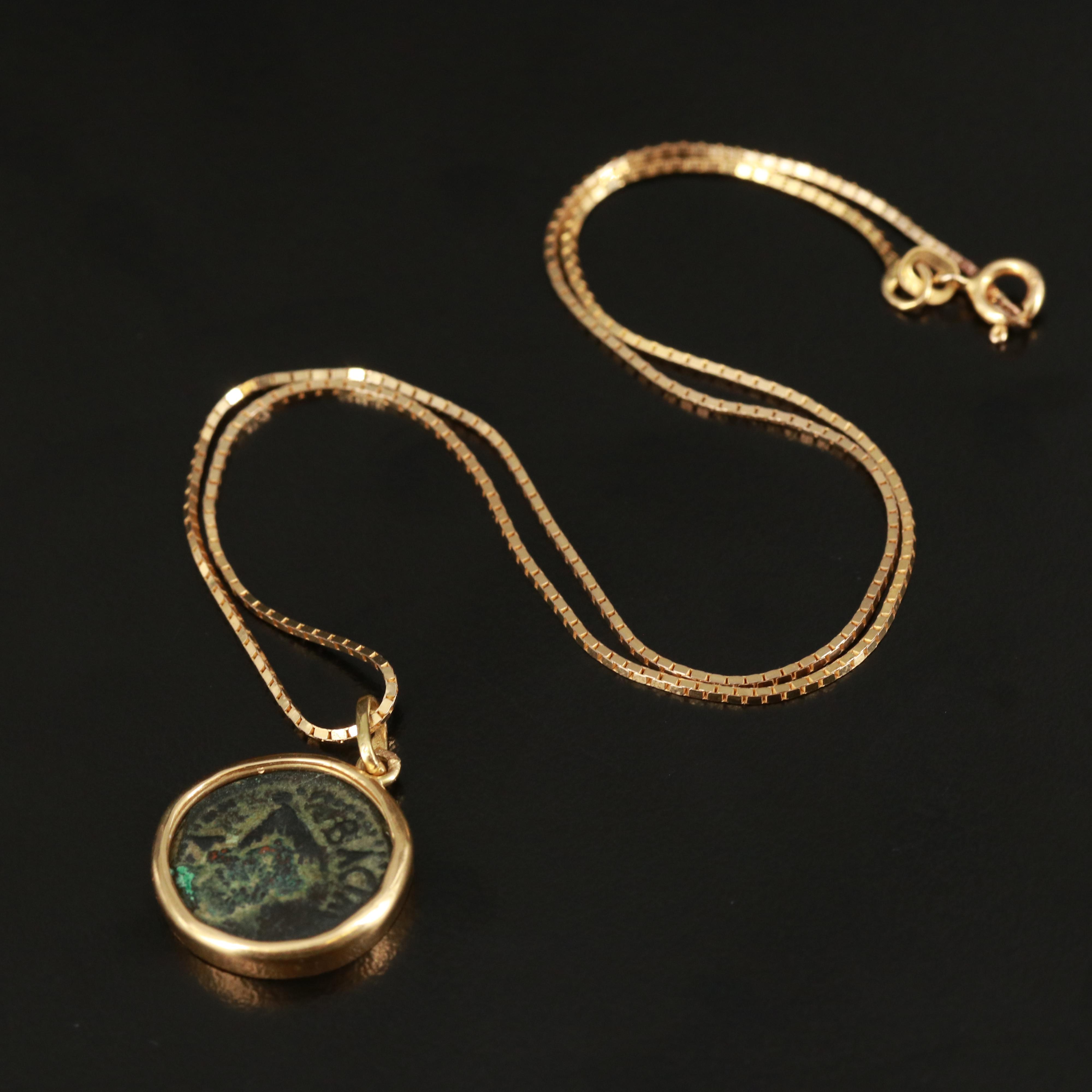 Judea Herod Agrippa Prutah in 18K Pendant on 10K Box Chain Necklace