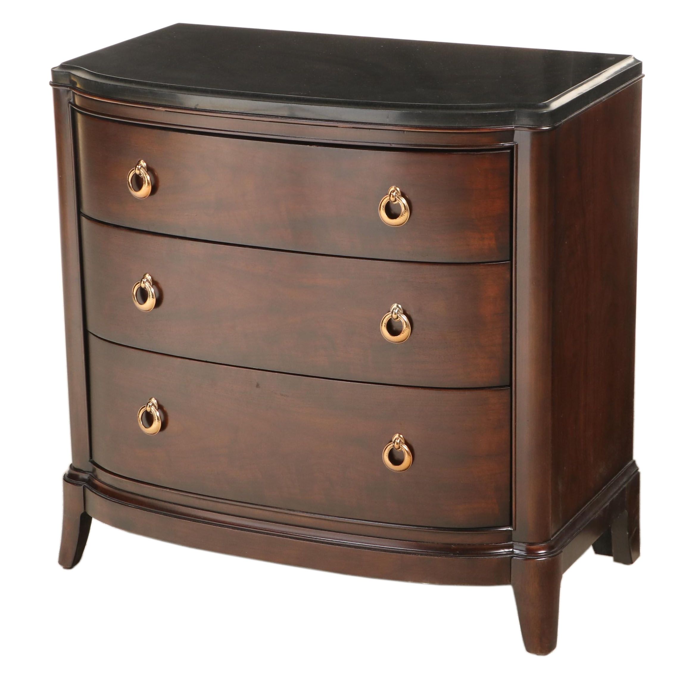 Thomasville "Studio 455" Walnut and Black Marble Three-Drawer Bowfront Chest