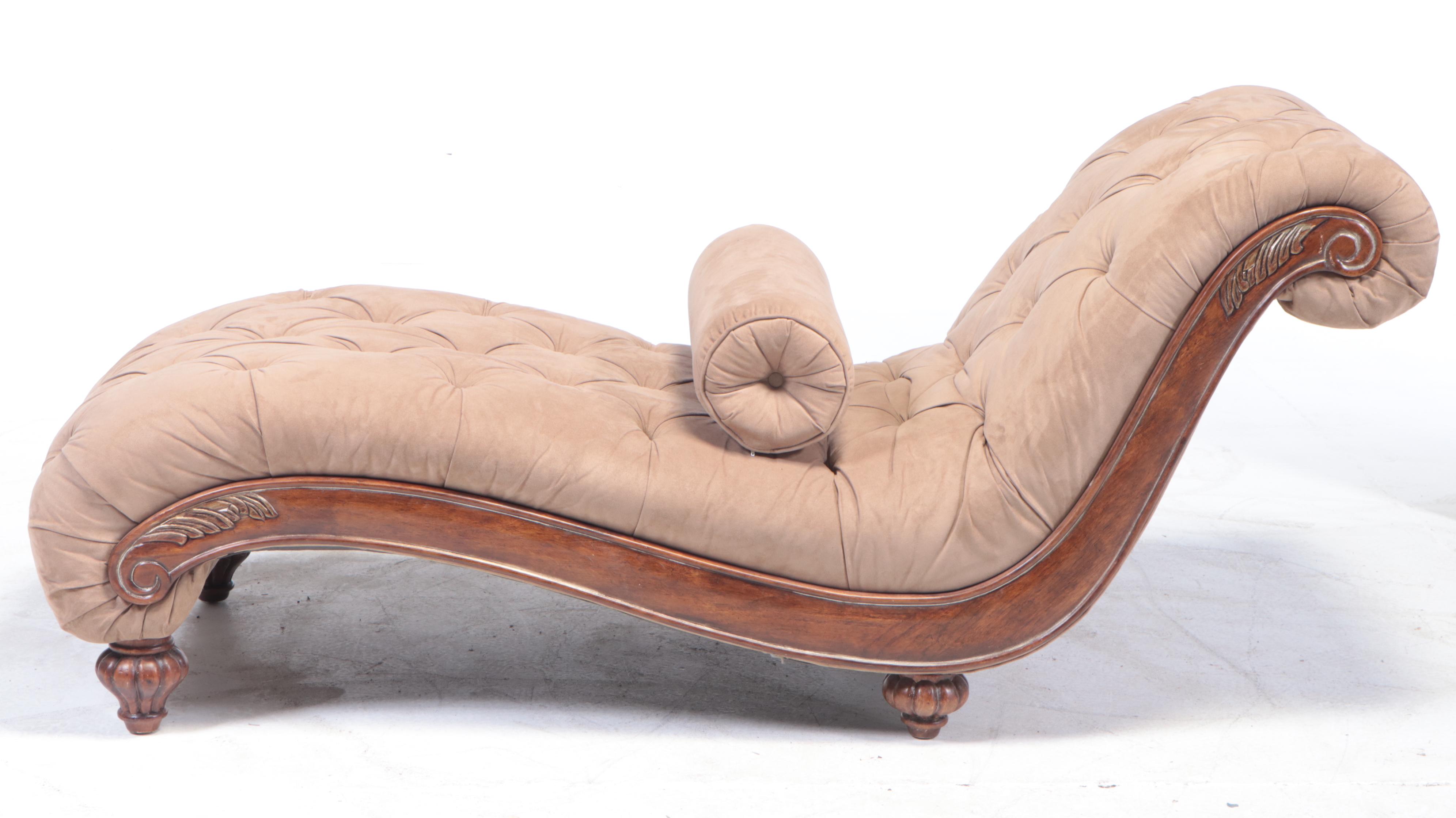 Tufted Chaise Lounge with Bolster in Faux Suede