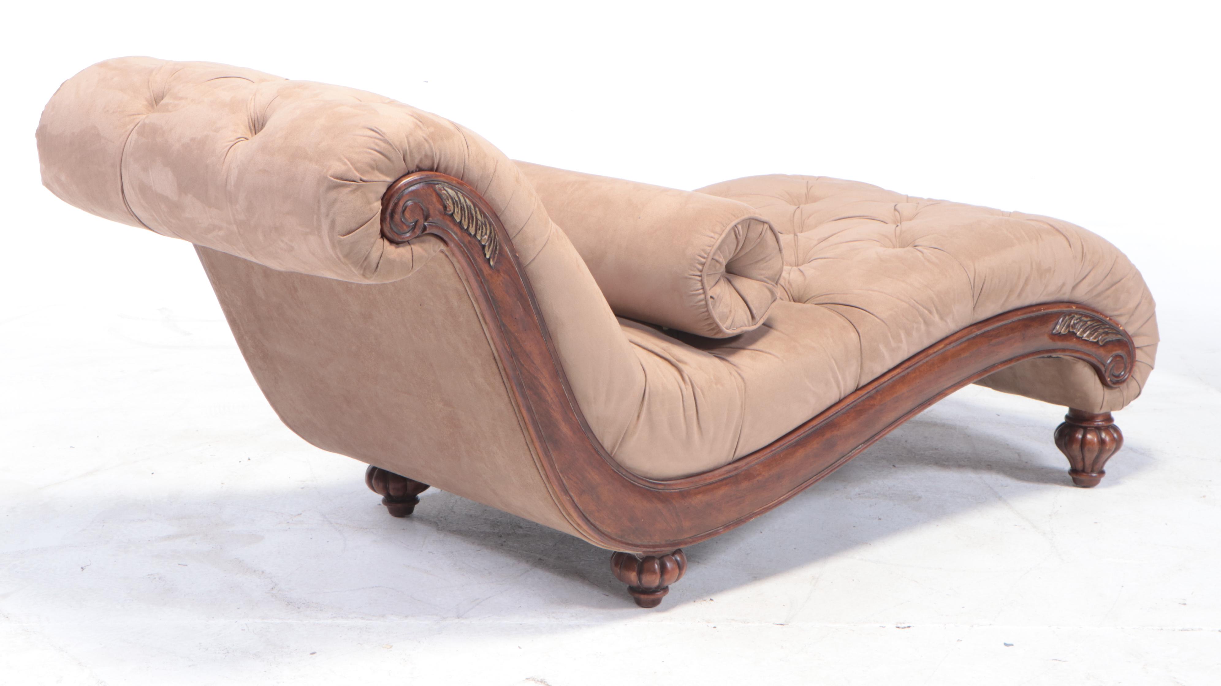 Tufted Chaise Lounge with Bolster in Faux Suede