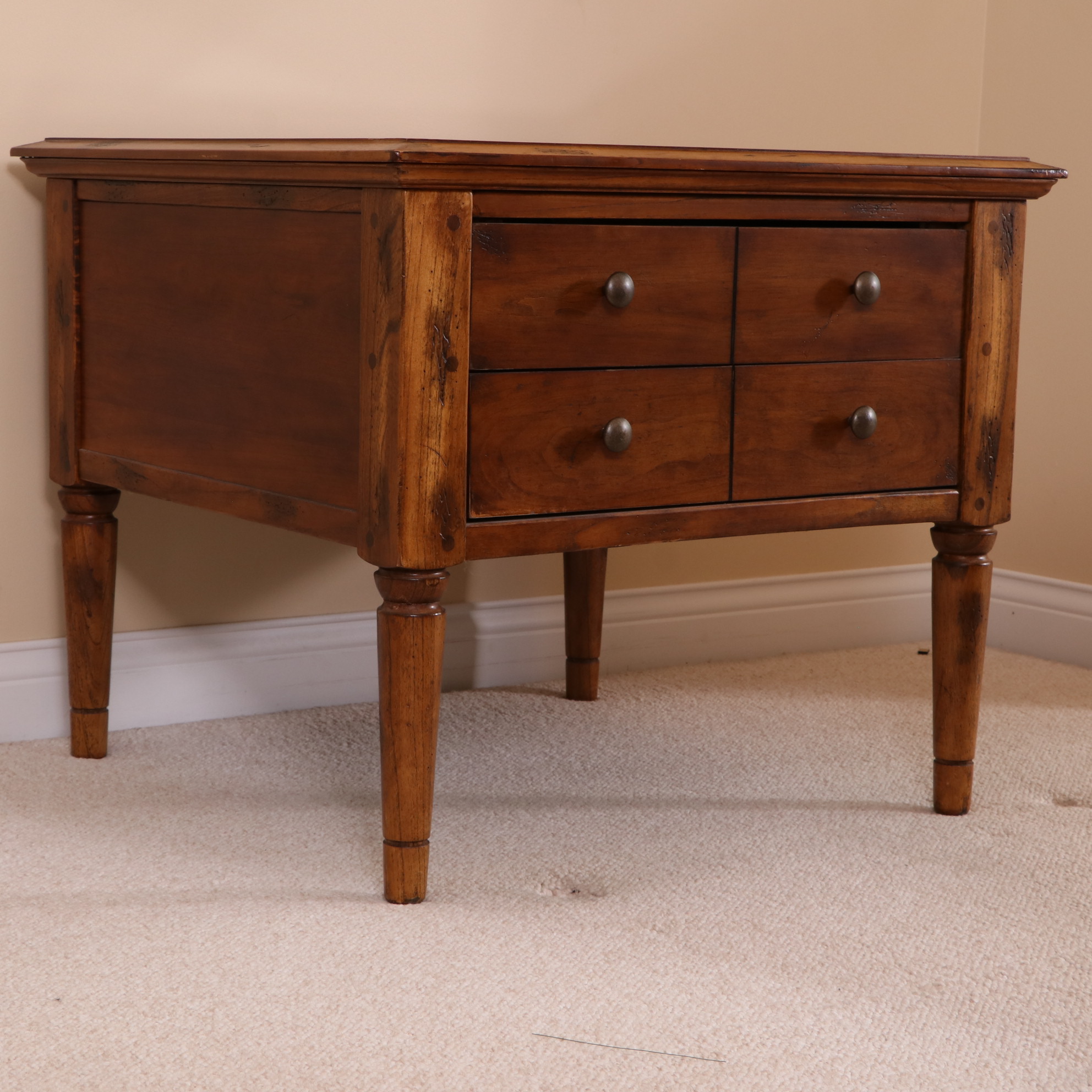 Two-Drawer Wood Side Table with Glass Inset over Woven Top Design