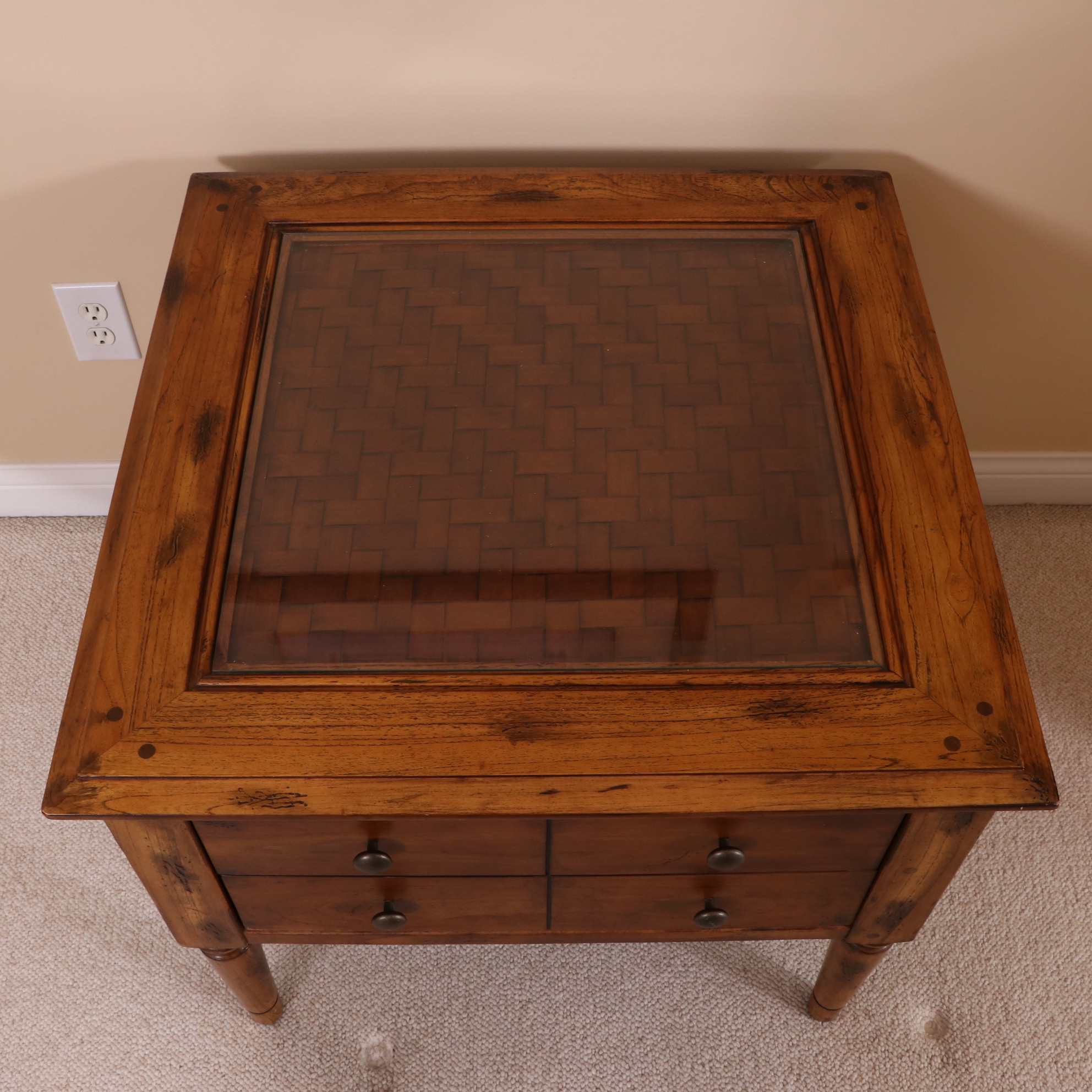 Two-Drawer Wood Side Table with Glass Inset over Woven Top Design