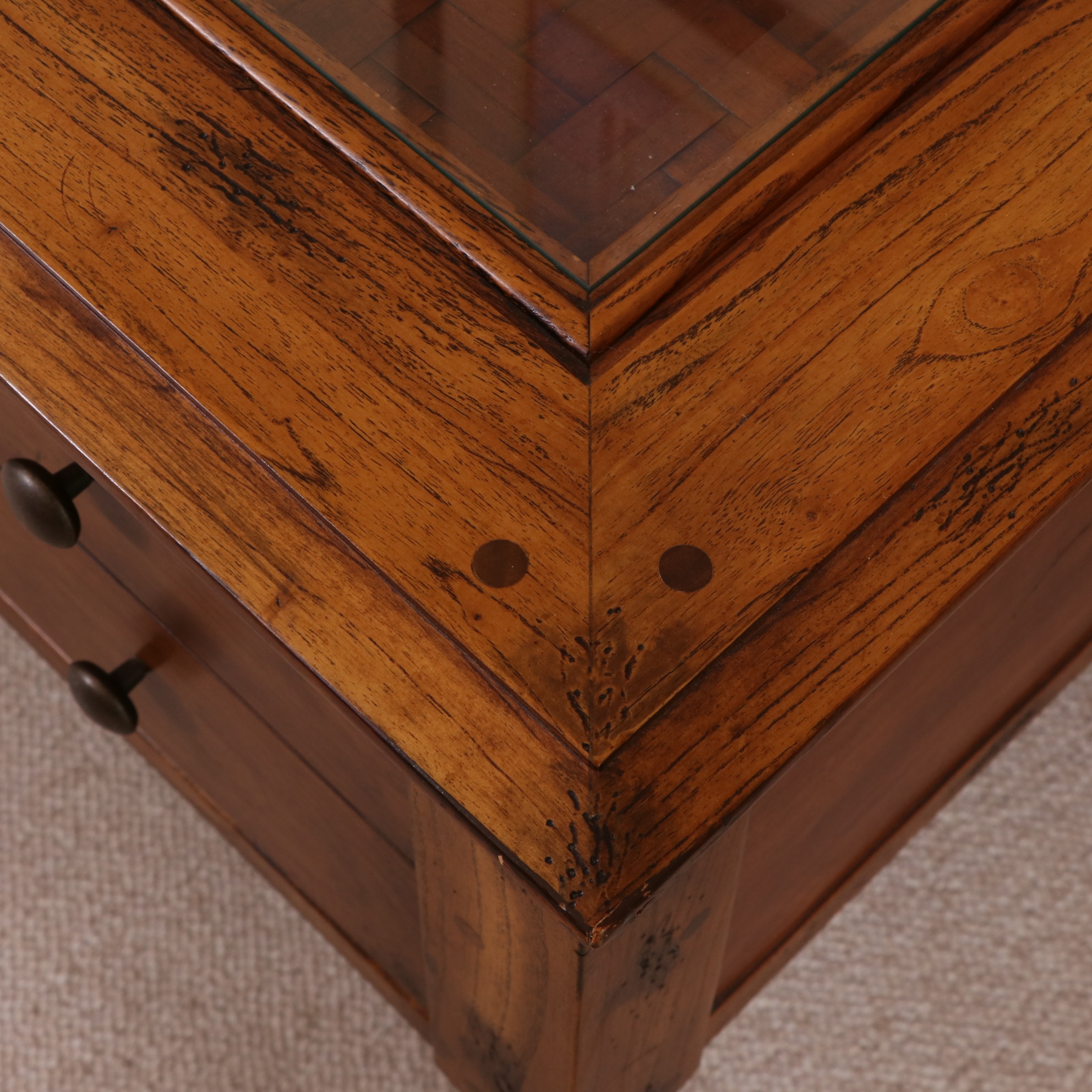 Two-Drawer Wood Side Table with Glass Inset over Woven Top Design