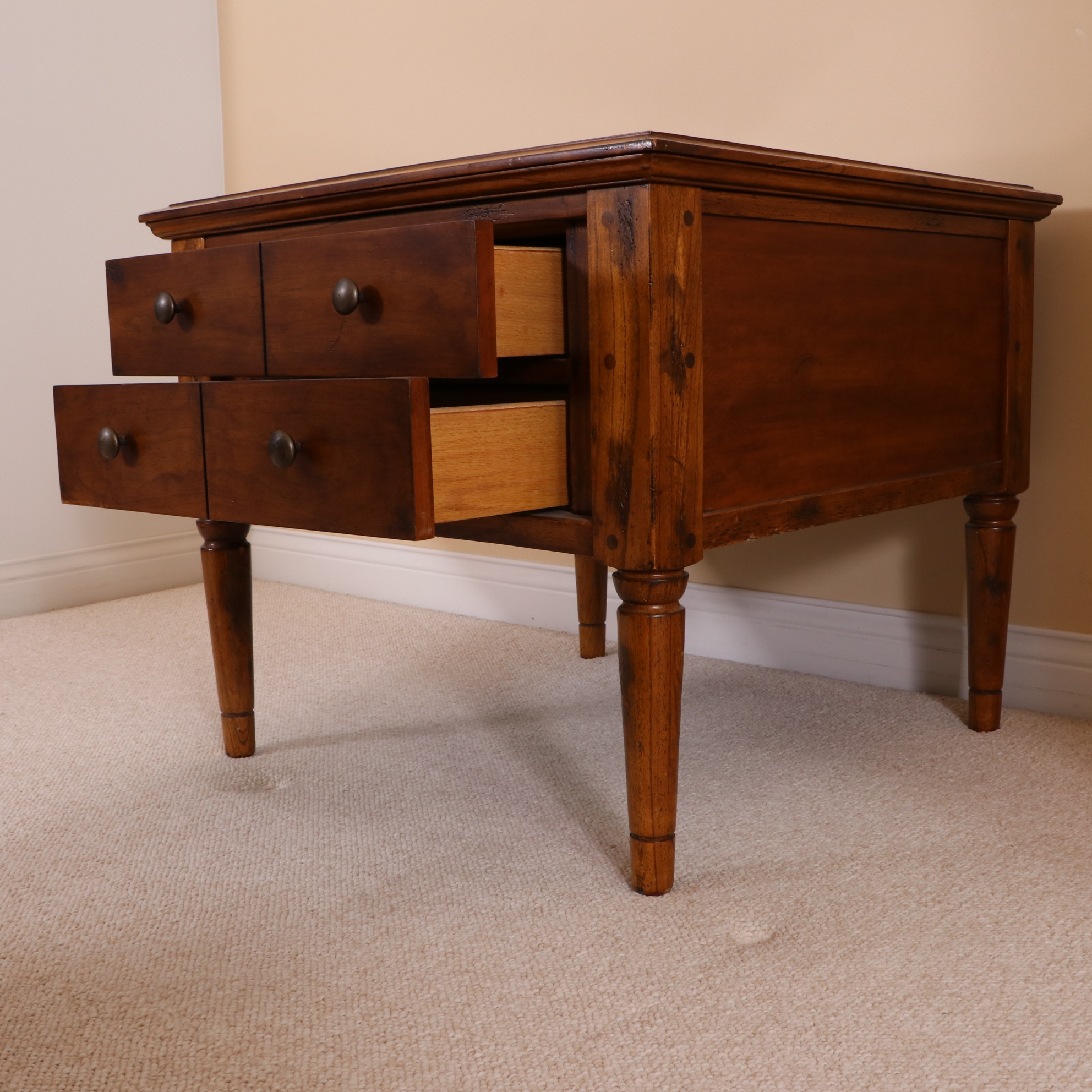 Two-Drawer Wood Side Table with Glass Inset over Woven Top Design