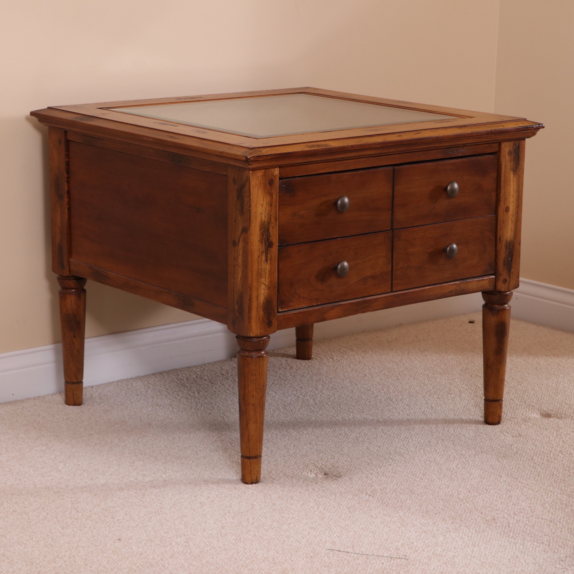 Two-Drawer Wood Side Table with Glass Inset over Woven Top Design