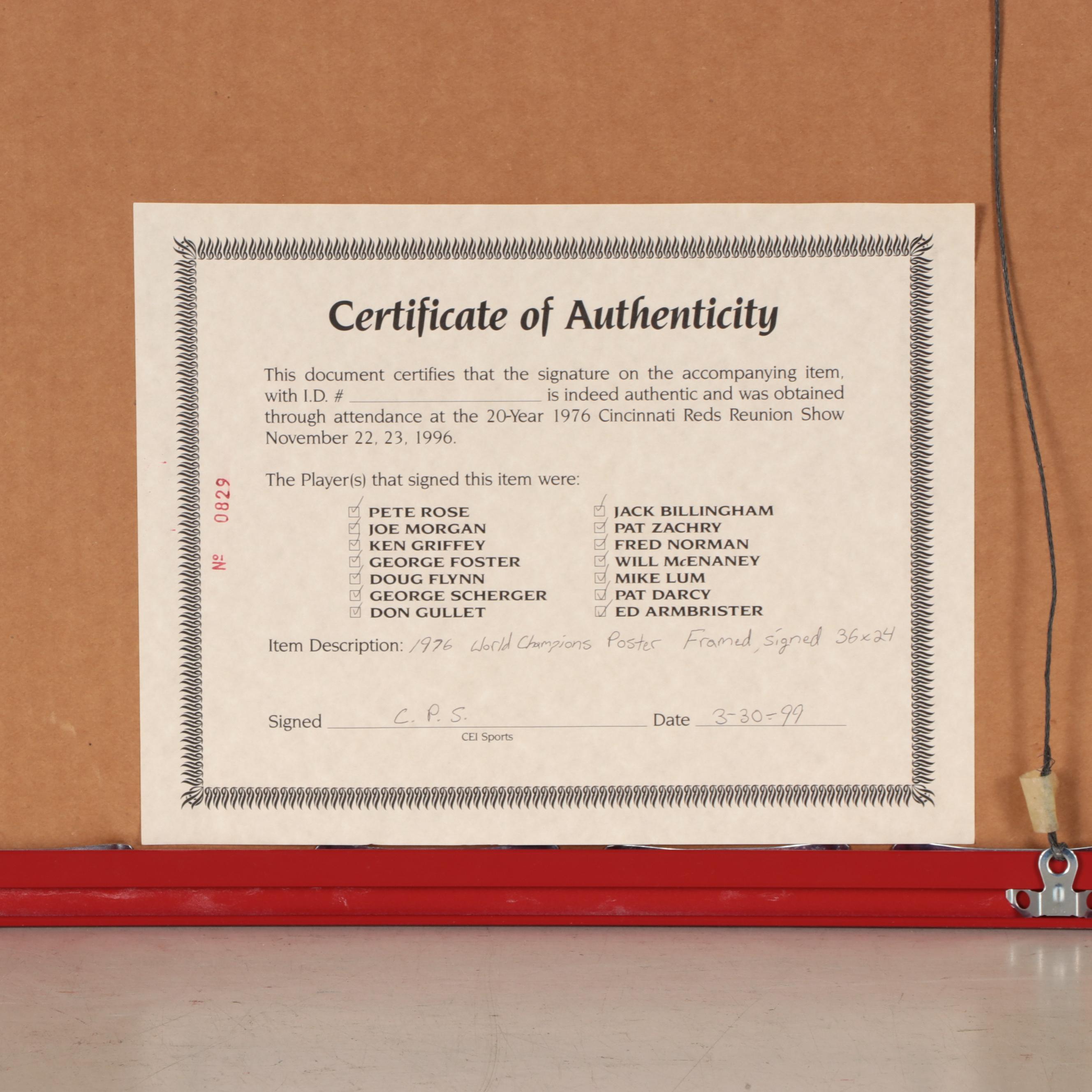 1976 Cincinnati Reds "World Champions" Signed Poster, Framed, CEI Sports COA