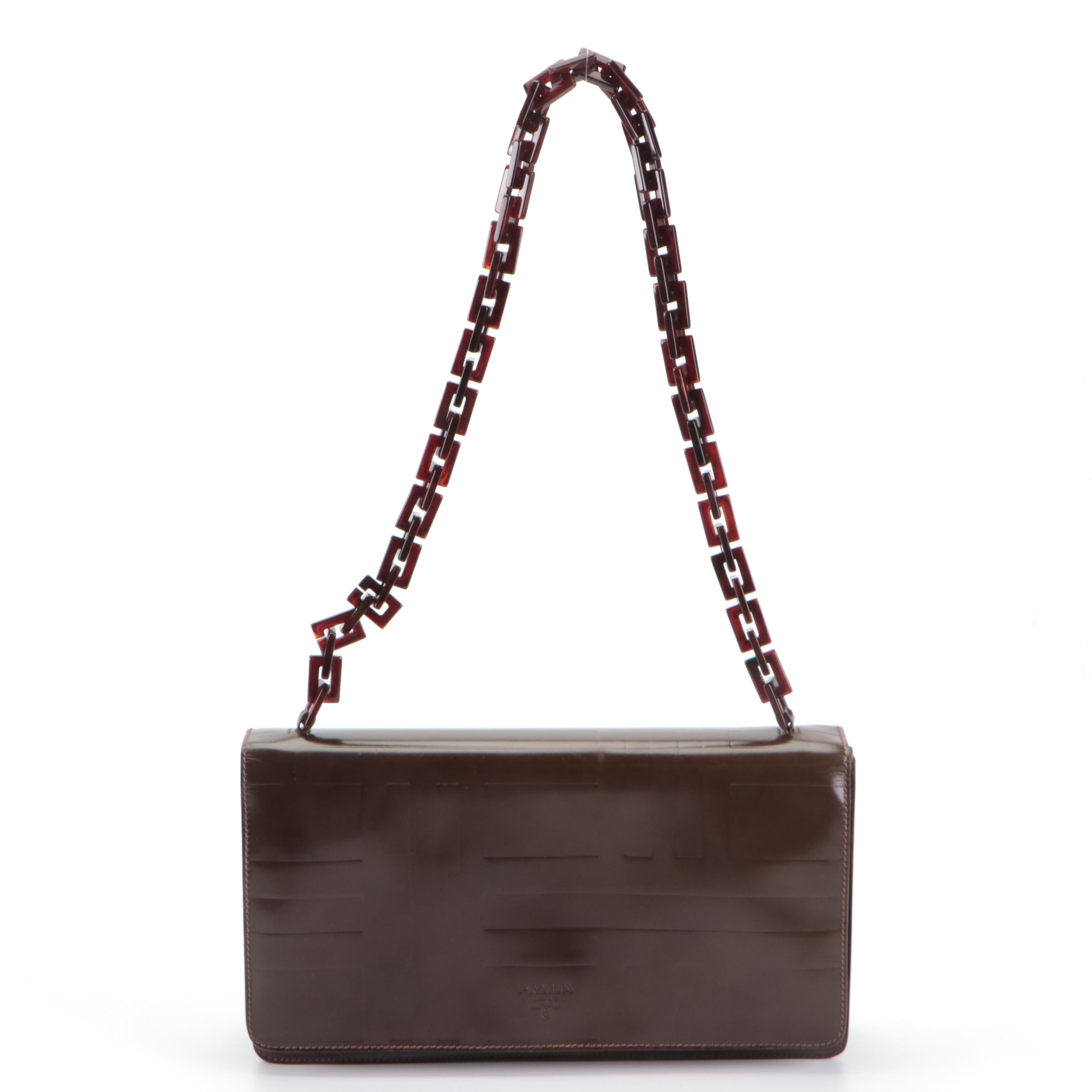 Prada Flap Shoulder Bag in Brown Geometric-Embossed Spazzolato Leather