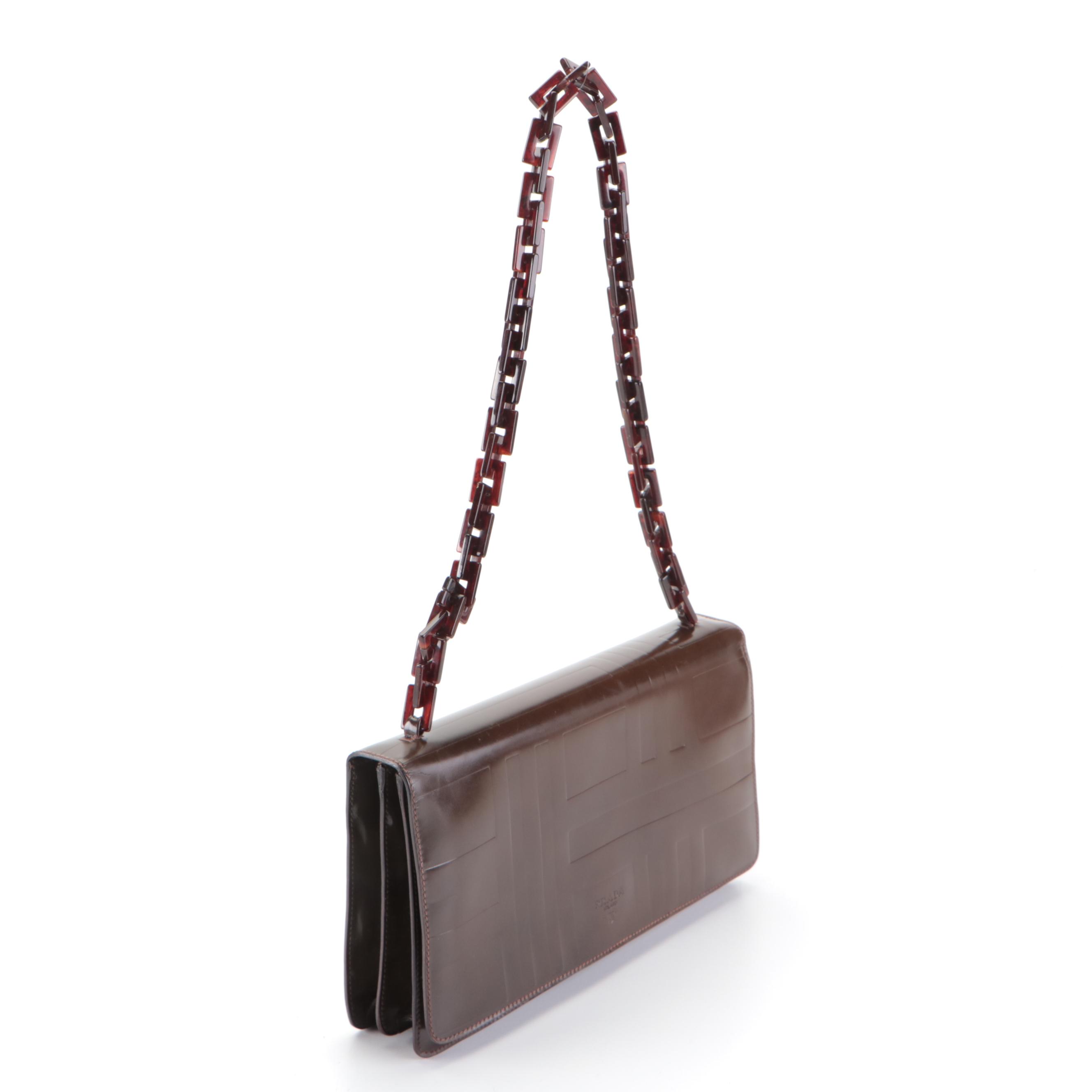 Prada Flap Shoulder Bag in Brown Geometric-Embossed Spazzolato Leather