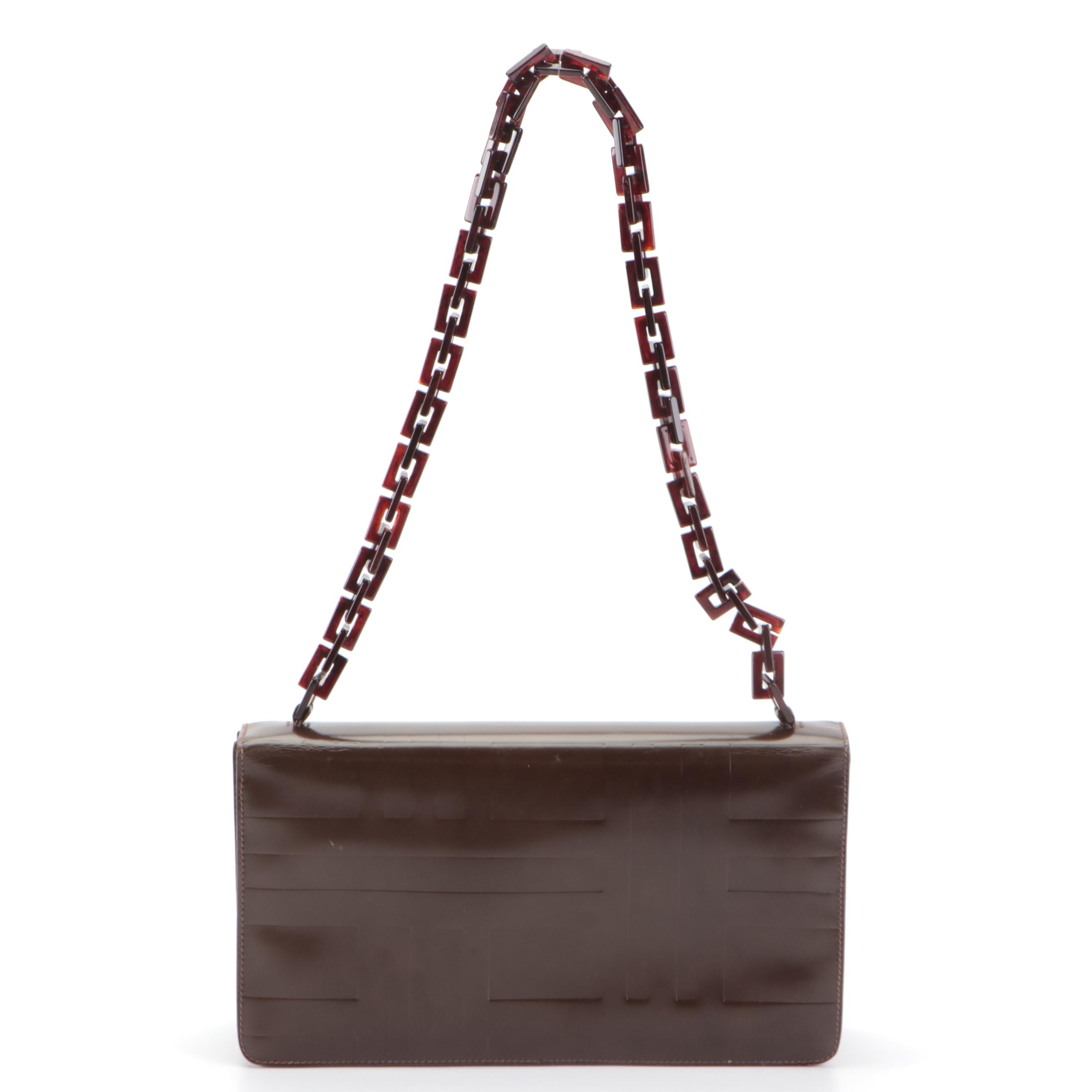 Prada Flap Shoulder Bag in Brown Geometric-Embossed Spazzolato Leather