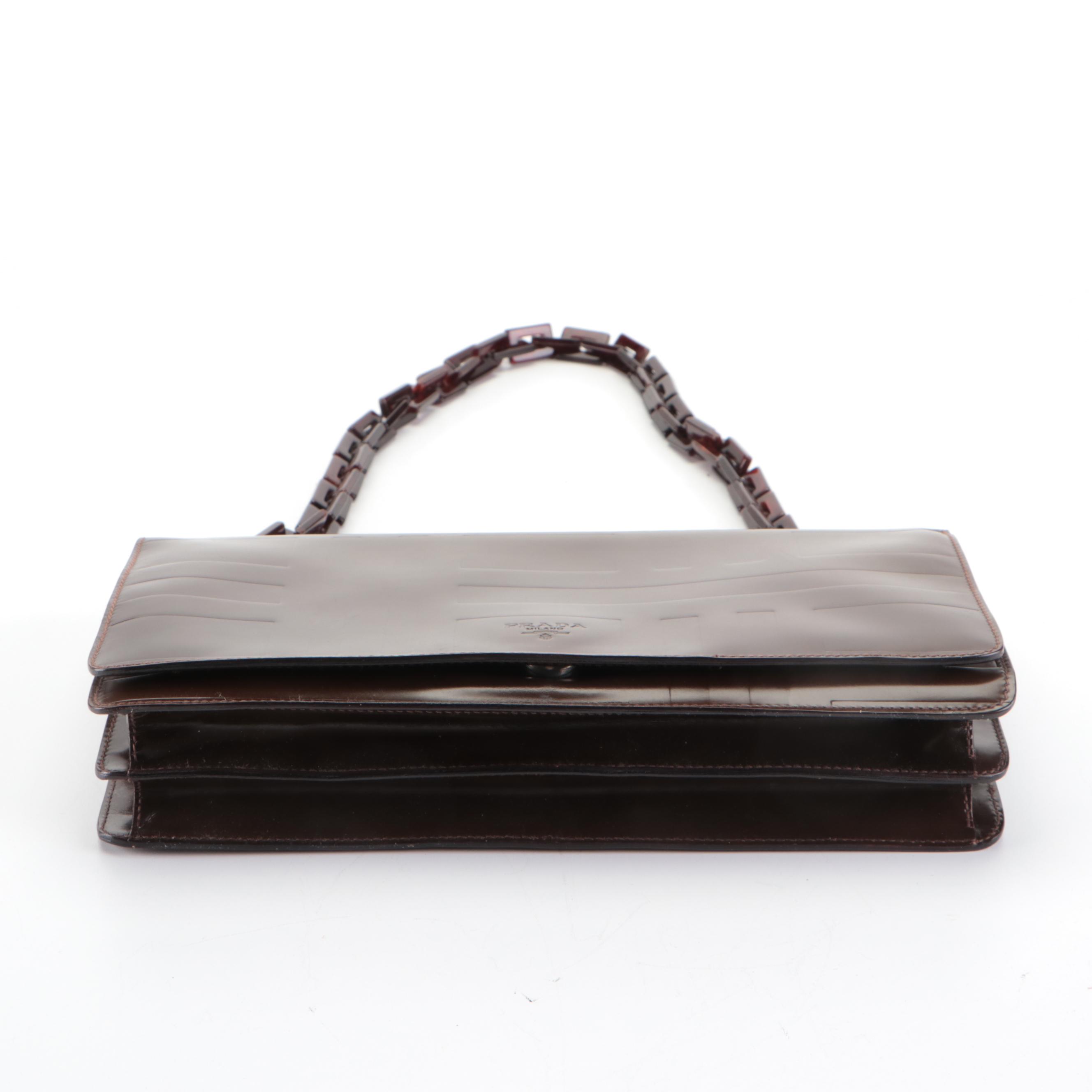 Prada Flap Shoulder Bag in Brown Geometric-Embossed Spazzolato Leather