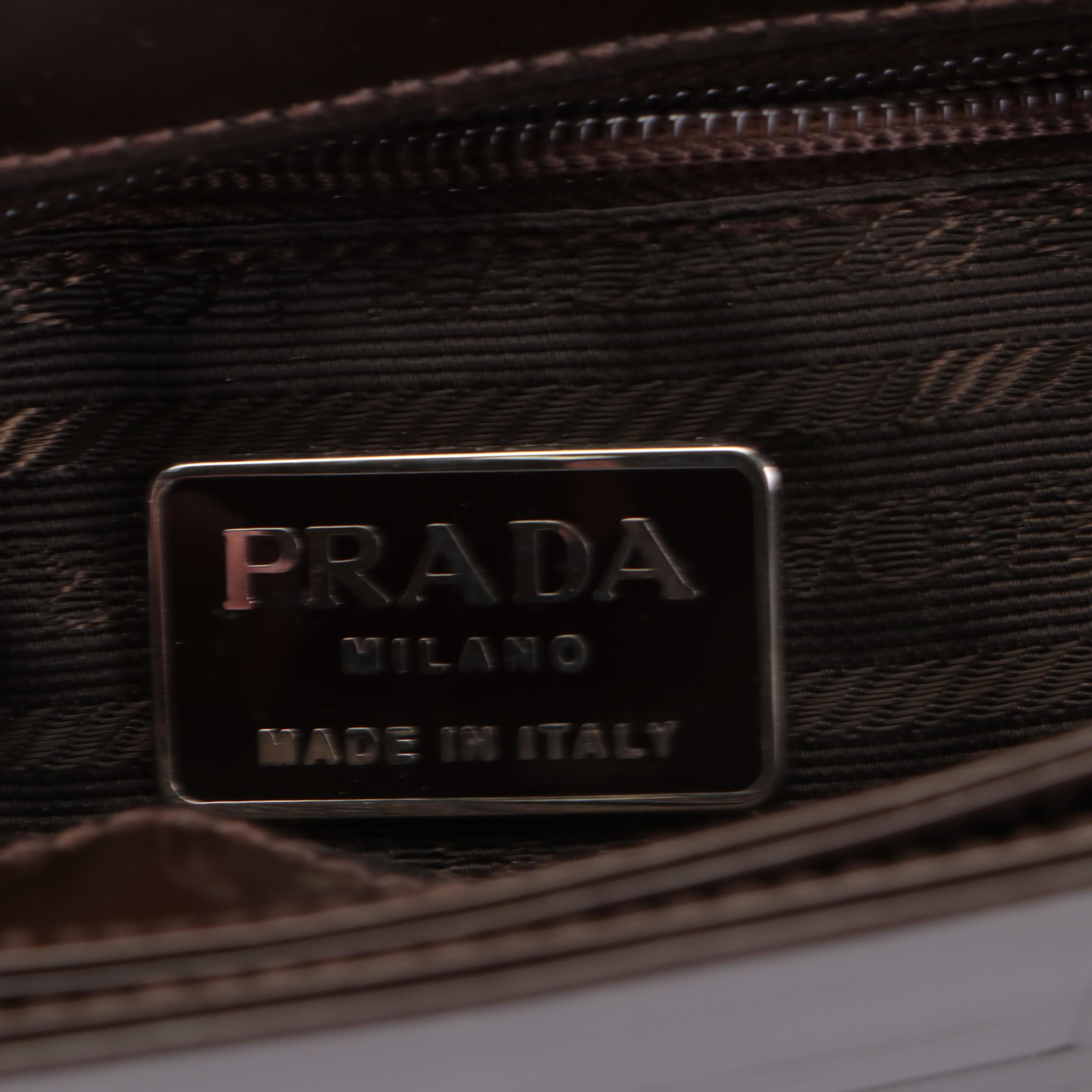 Prada Flap Shoulder Bag in Brown Geometric-Embossed Spazzolato Leather