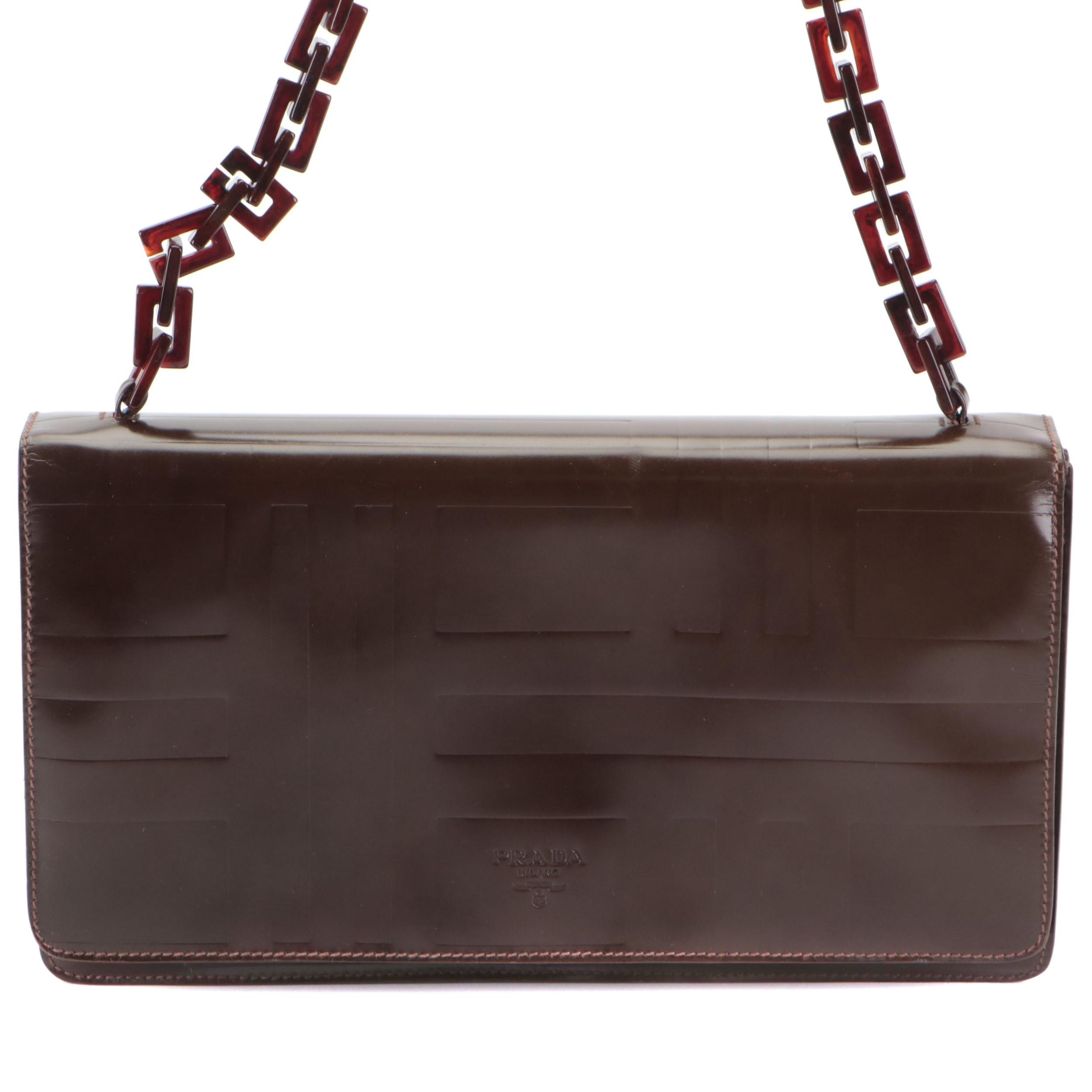 Prada Flap Shoulder Bag in Brown Geometric-Embossed Spazzolato Leather