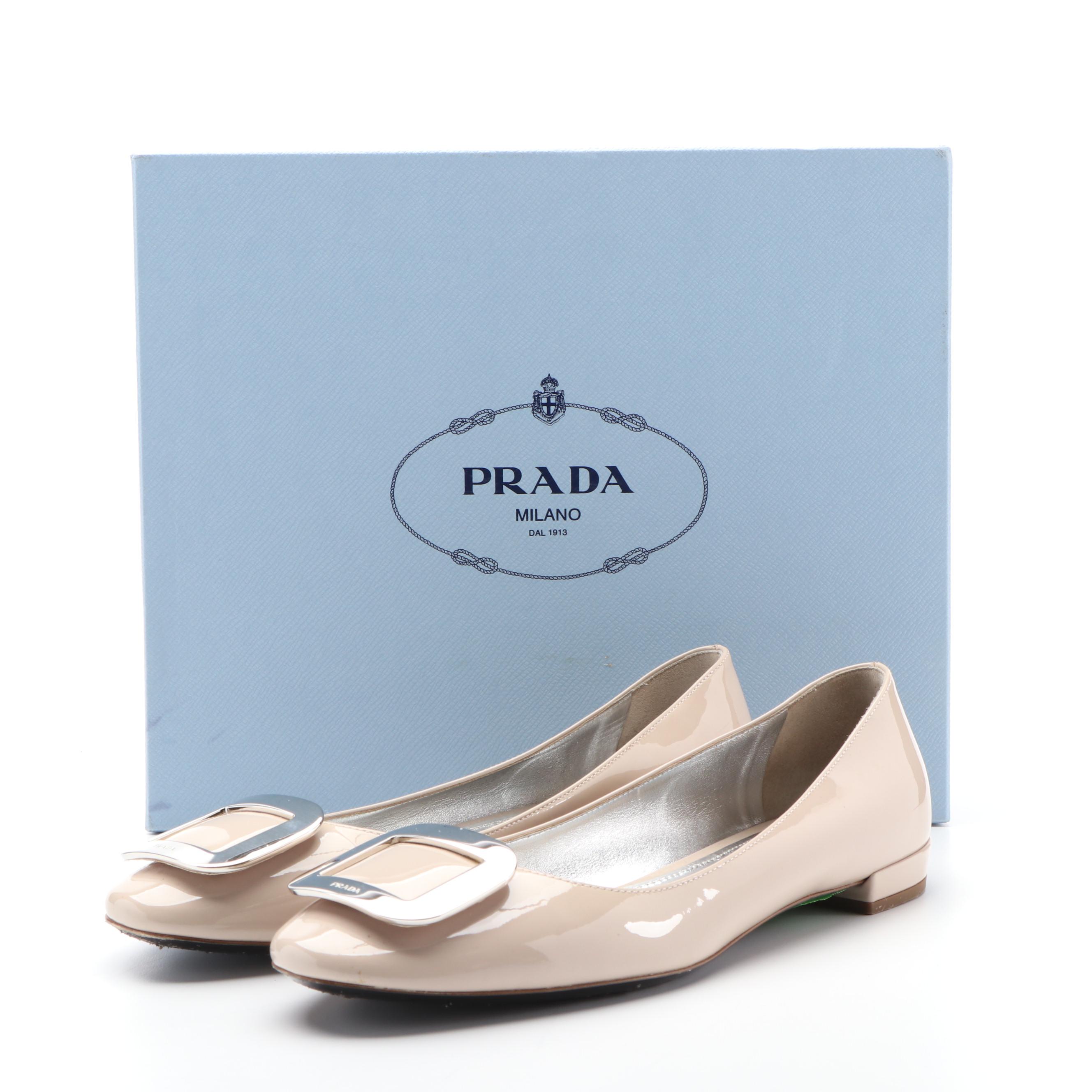 Prada Buckle Flats in Sand Patent Leather with Box