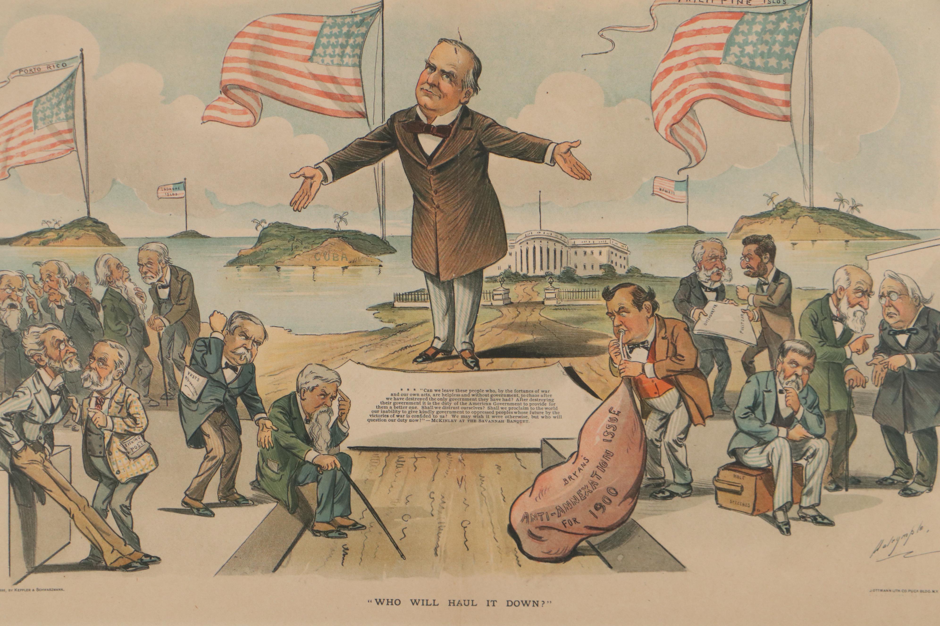 Puck Magazine Political Cartoon Lithograph "Who Will Haul It Down"