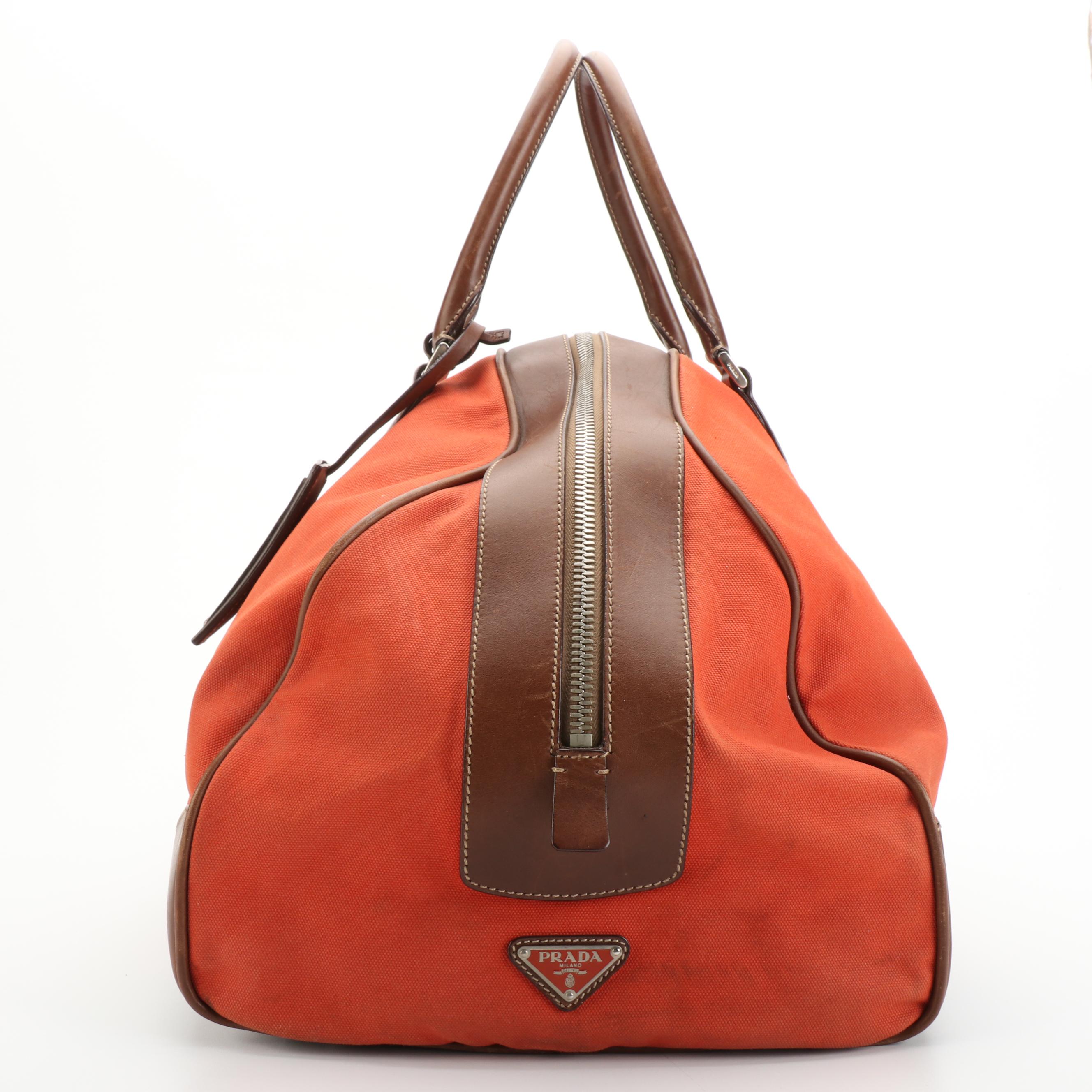 Prada Duffle Bag in Canvas with Brown Leather Trim