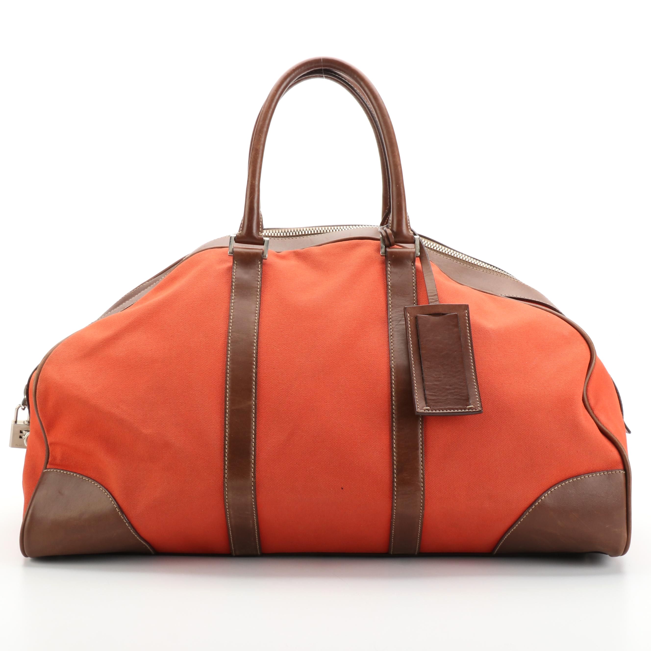 Prada Duffle Bag in Canvas with Brown Leather Trim
