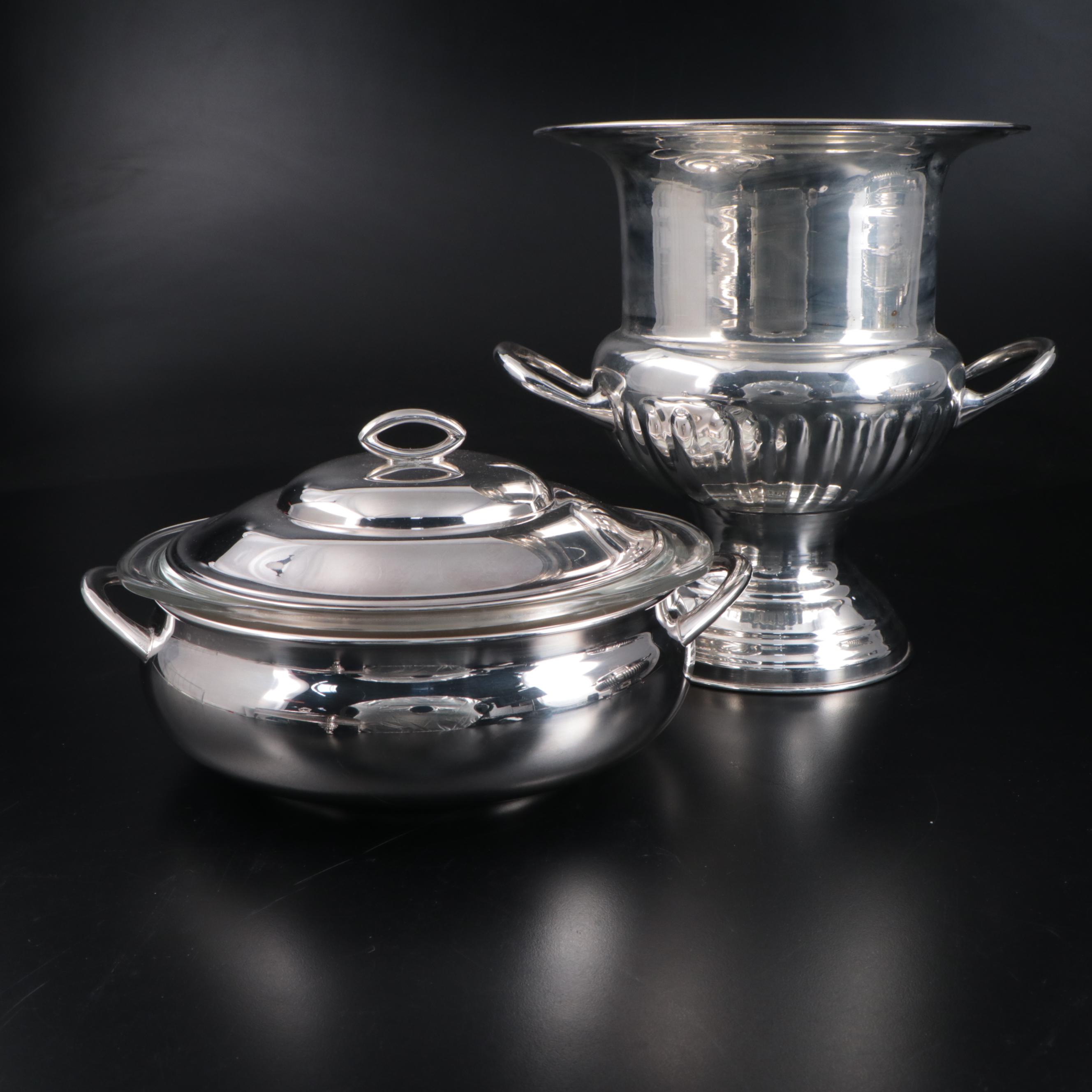 Gorham Silver Plate Casserole Dishes, Electric Food Warmer and Other Wine Bucket