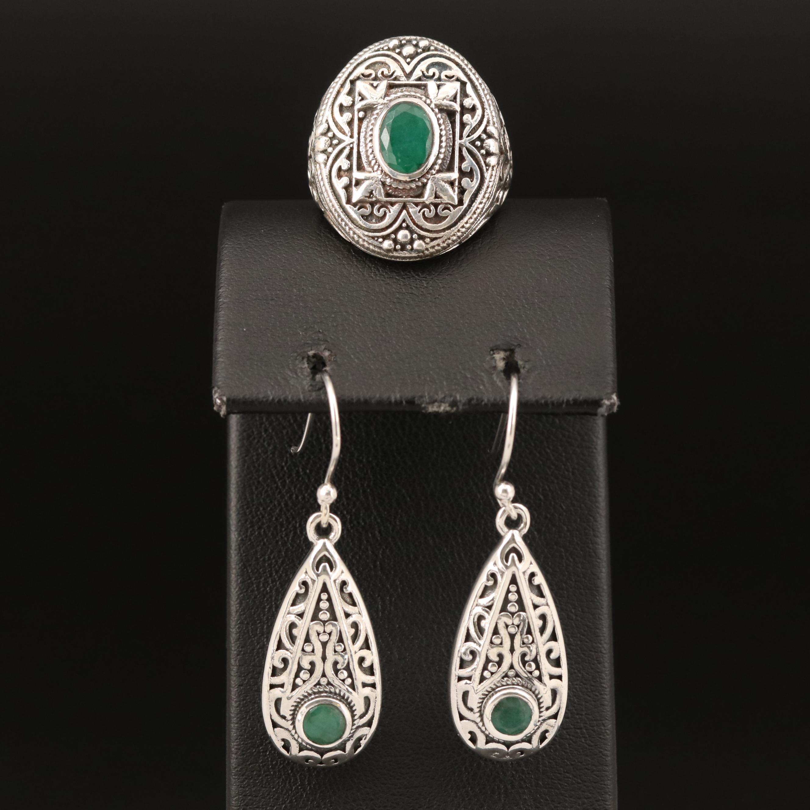 Sterling Ring and Earrings Featuring Emeralds