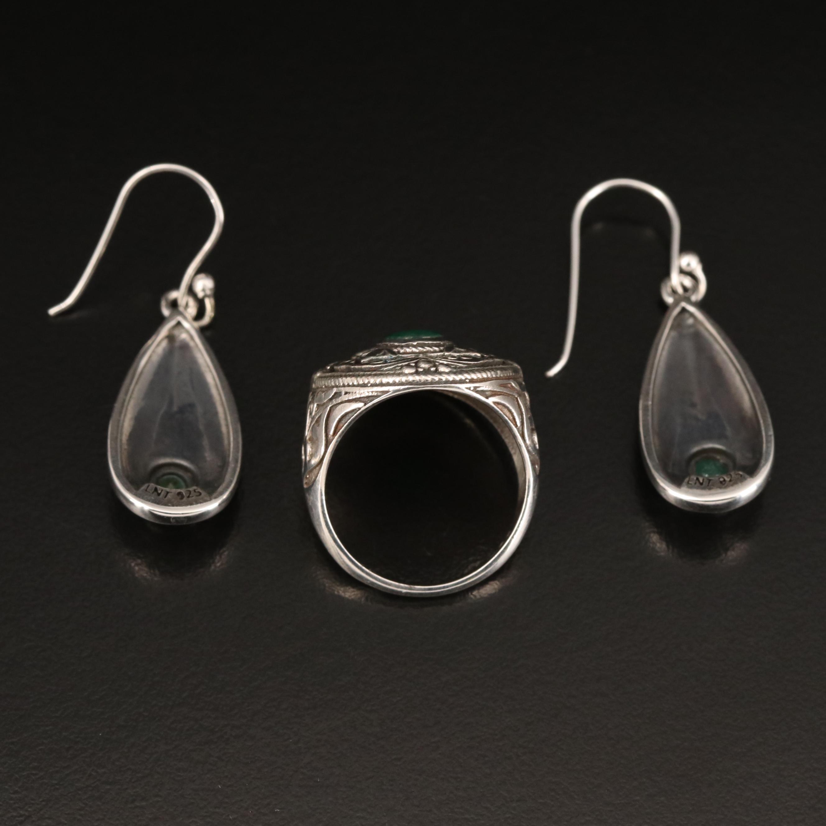 Sterling Ring and Earrings Featuring Emeralds
